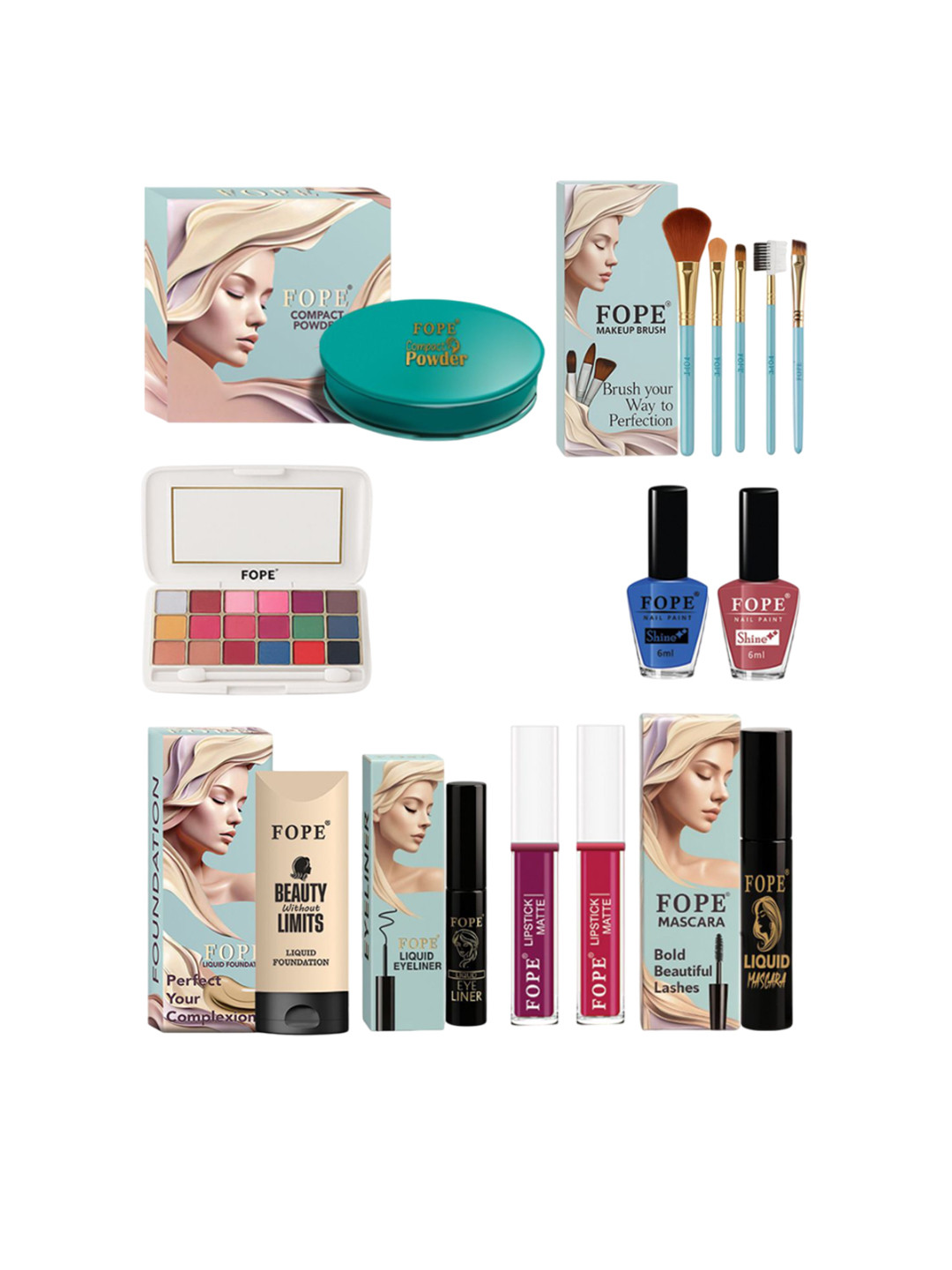 FOPE Set Of 14 Lipstick, Eyeliner, Compact Powder, Foundation Nail Polish & Makeup Brushes
