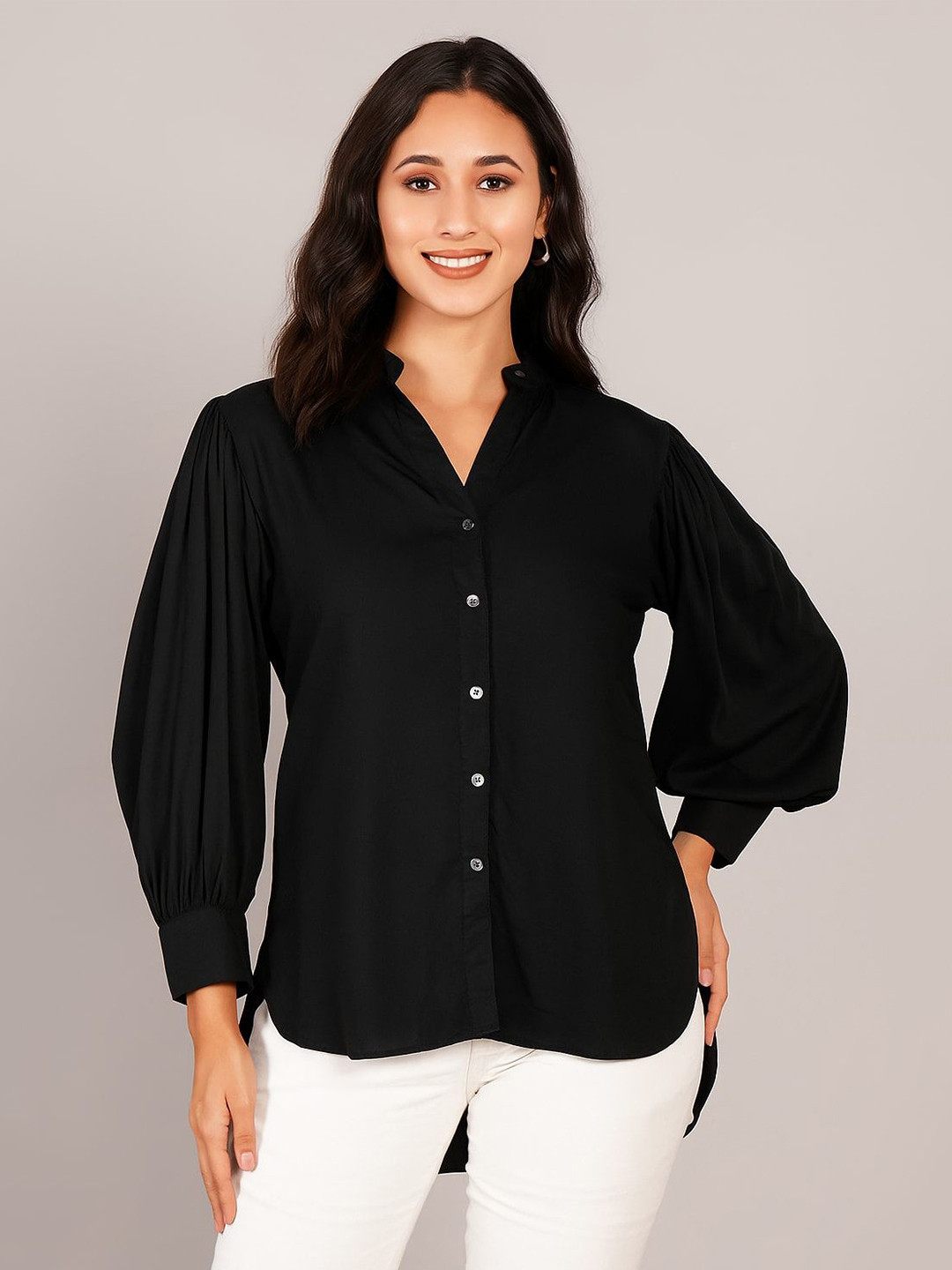 ANGOORI FASHION Women Classic Fit Solid Band Collar Casual Shirt