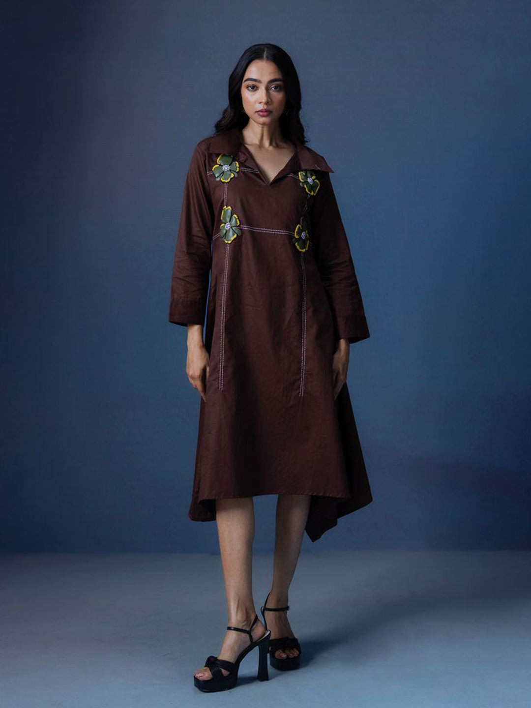 Mada Sasa Women Floral Embroidered Pure Cotton Midi A-Line Ethnic Dress