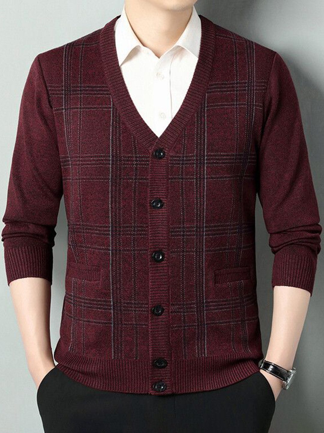 StyleCast Men Checked Sleeveless V-Neck Sweater Vest with Ribbed hem