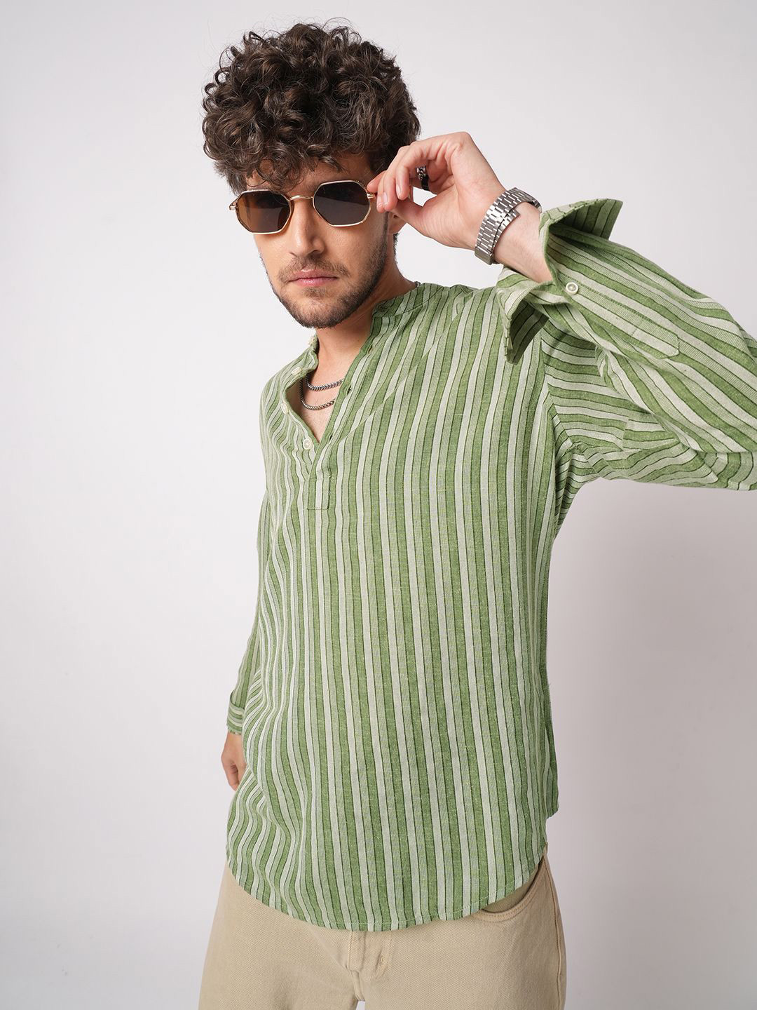 VASTRADO Men Striped Thread Work Nature Vibes Awning Cotton Kurta