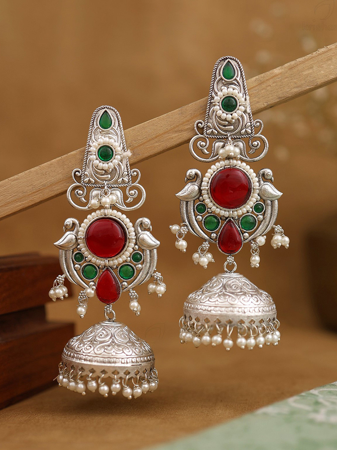 KRISHAZ Women Jyotsna Peacock Shaped Silver Jhumki Earrings