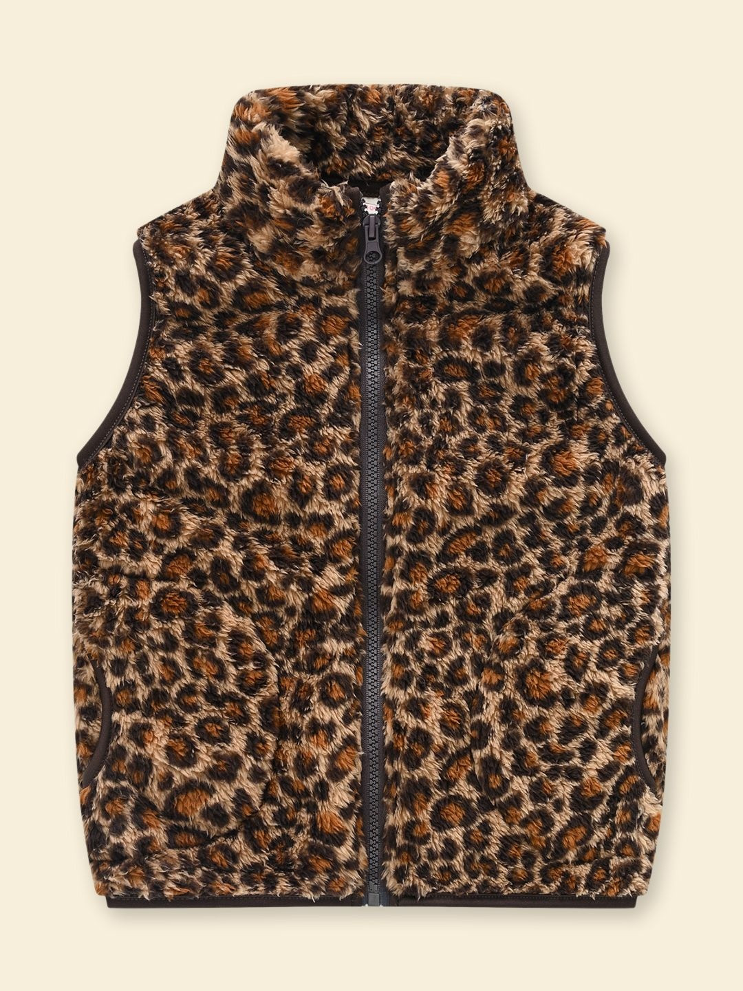 YK Girls Faux Fur Leopard Print Sleeveless Jacket