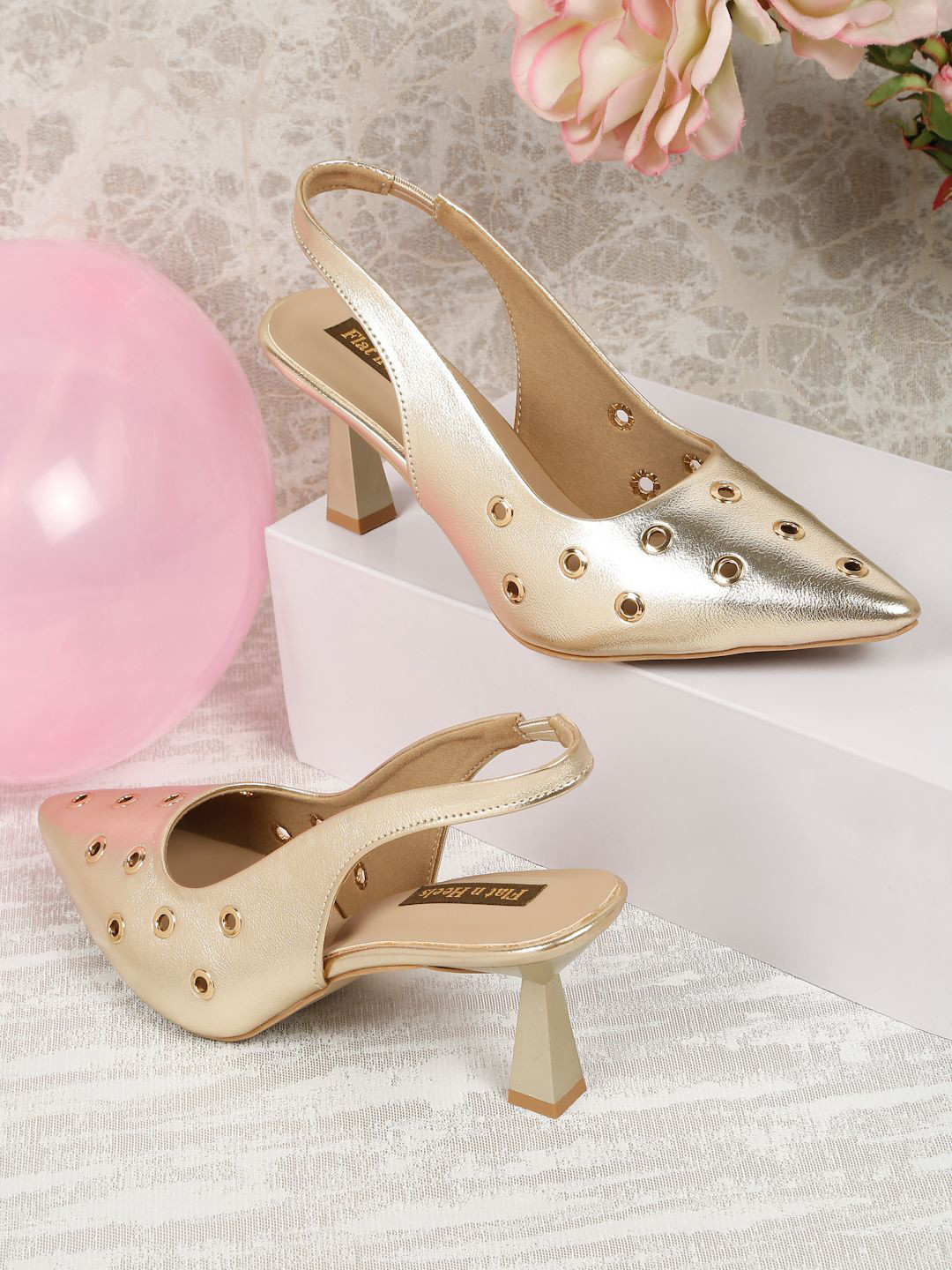 Flat n Heels Women's Slid Metallic Laser Cut Block Heel Pump Shoe