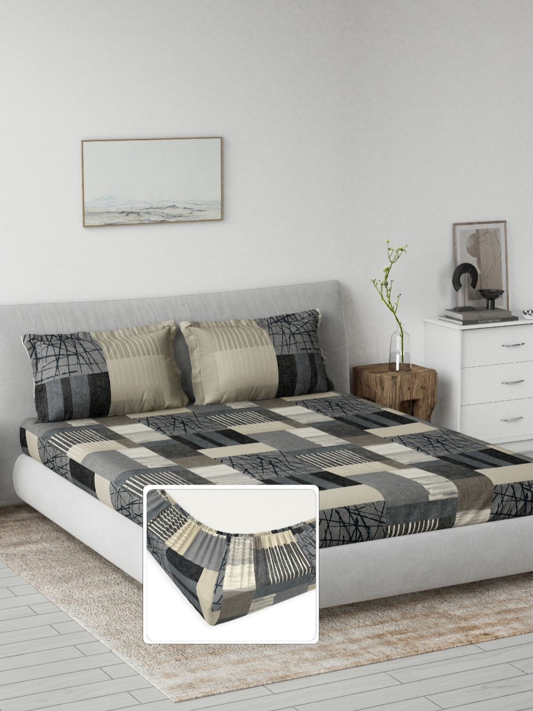 DDecor Primary Grey Abstract 144TC Pure Cotton King Fitted Bedsheet Set 1.82 m x 1.98m
