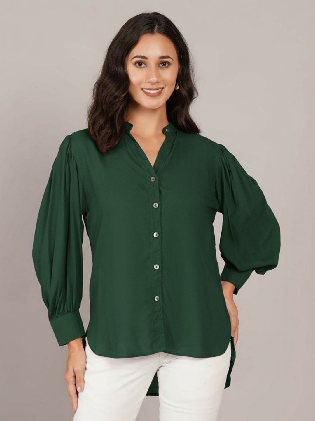 ANGOORI FASHION Classic Mandarin Collar Puff Sleeves Casual Shirt