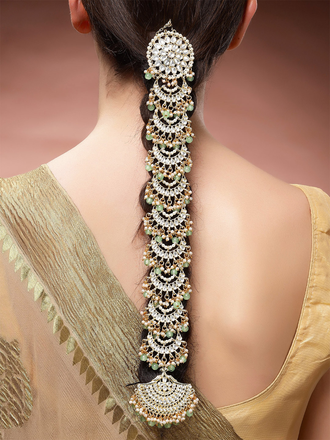 KARATCART Gold-Plated & Lime Green Kundan & Pearl Head Chain