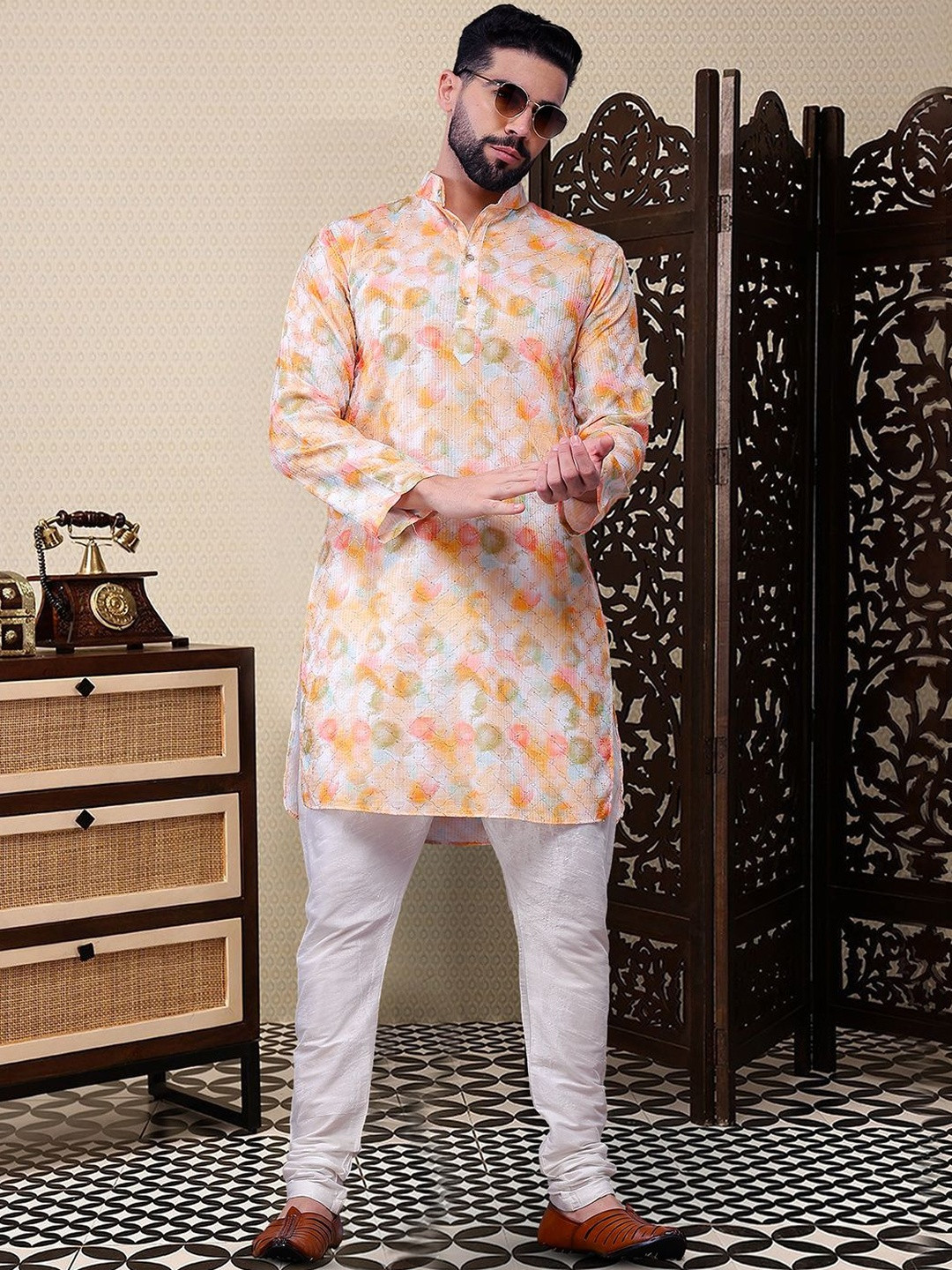 HERE&NOW Men Woven Design Crochet Mandarin Collar Kurtas