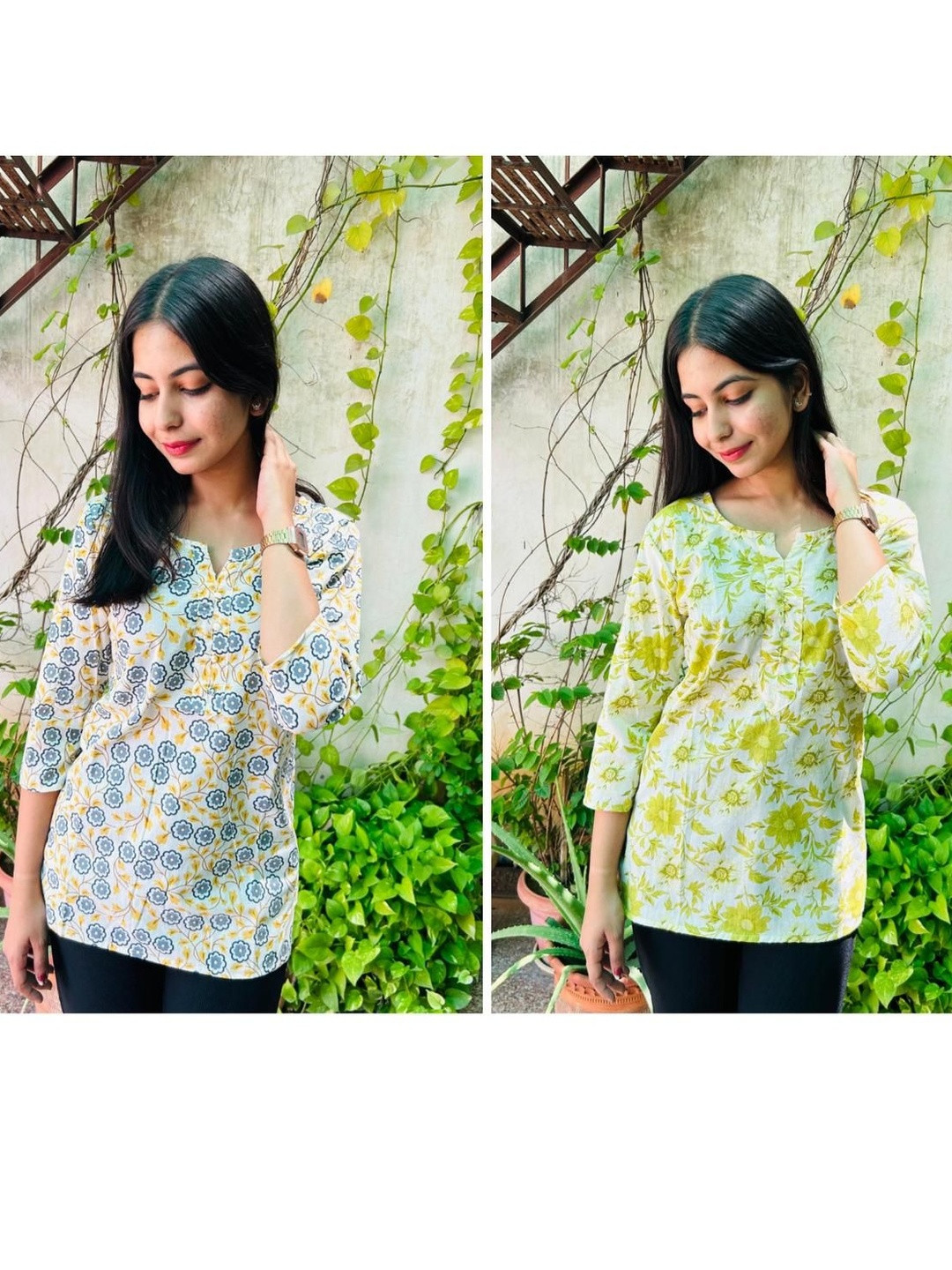 GRX Women Pack of 2 Floral Print Notch Neck Cotton Top