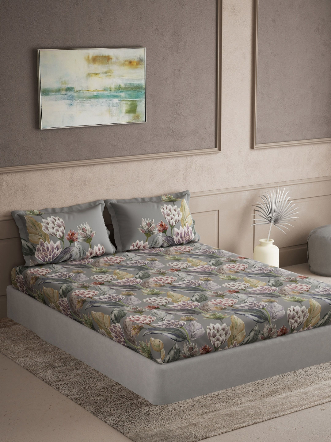 DDecor Elemental Grey Floral 144 TC Pure Cotton Super King Bedsheet Set 2.74m x 2.74m