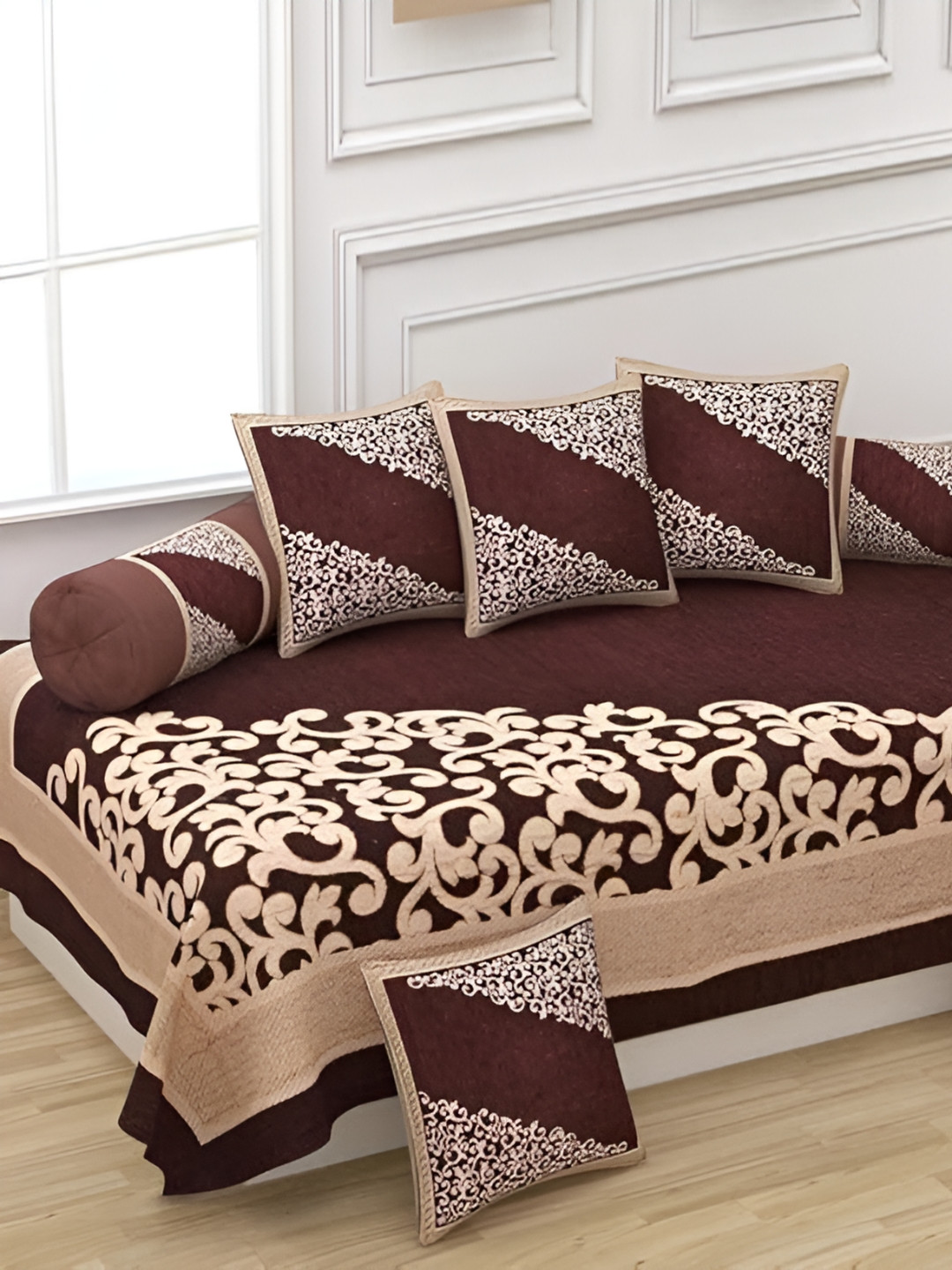 A Next Step Brown And Beige 8 Pieces Floral Self Design Velvet Diwan Set