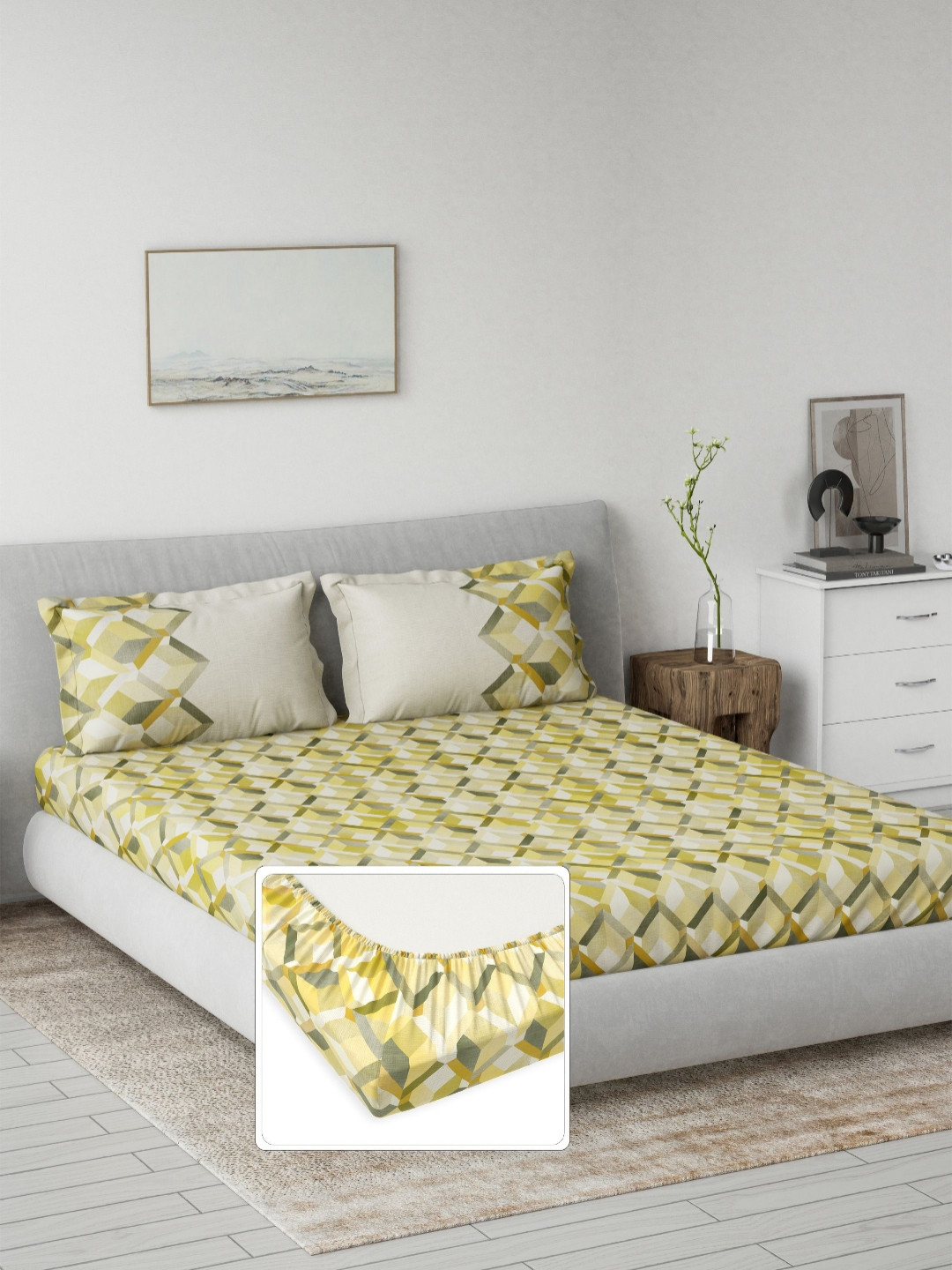 DDecor Primary Yellow & White Printed 144 TC Cotton King Bedsheet Set 1.82 m X 1.98 m