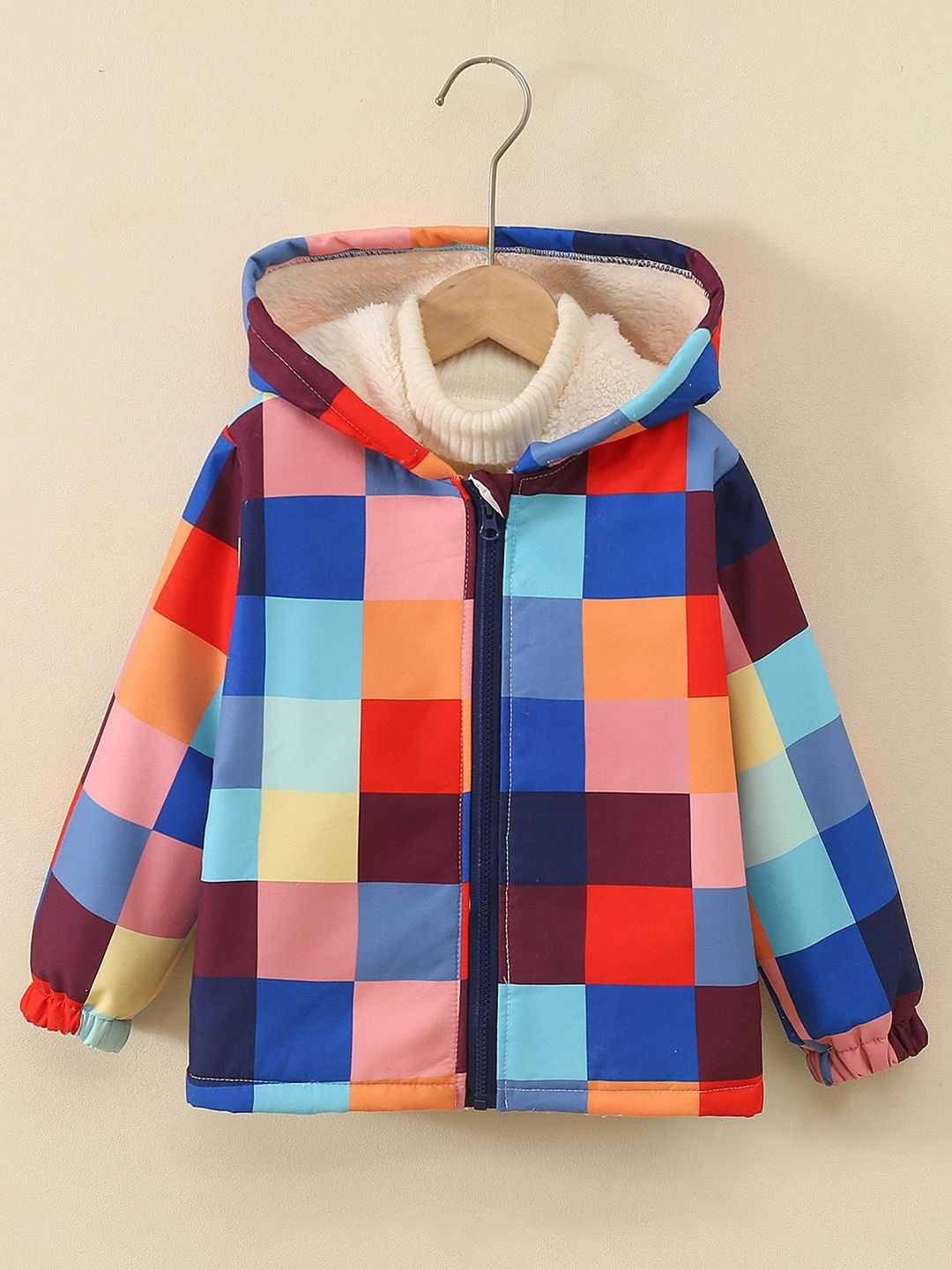 YK Girls Multicolor Checked Hooded Fleece Jacket