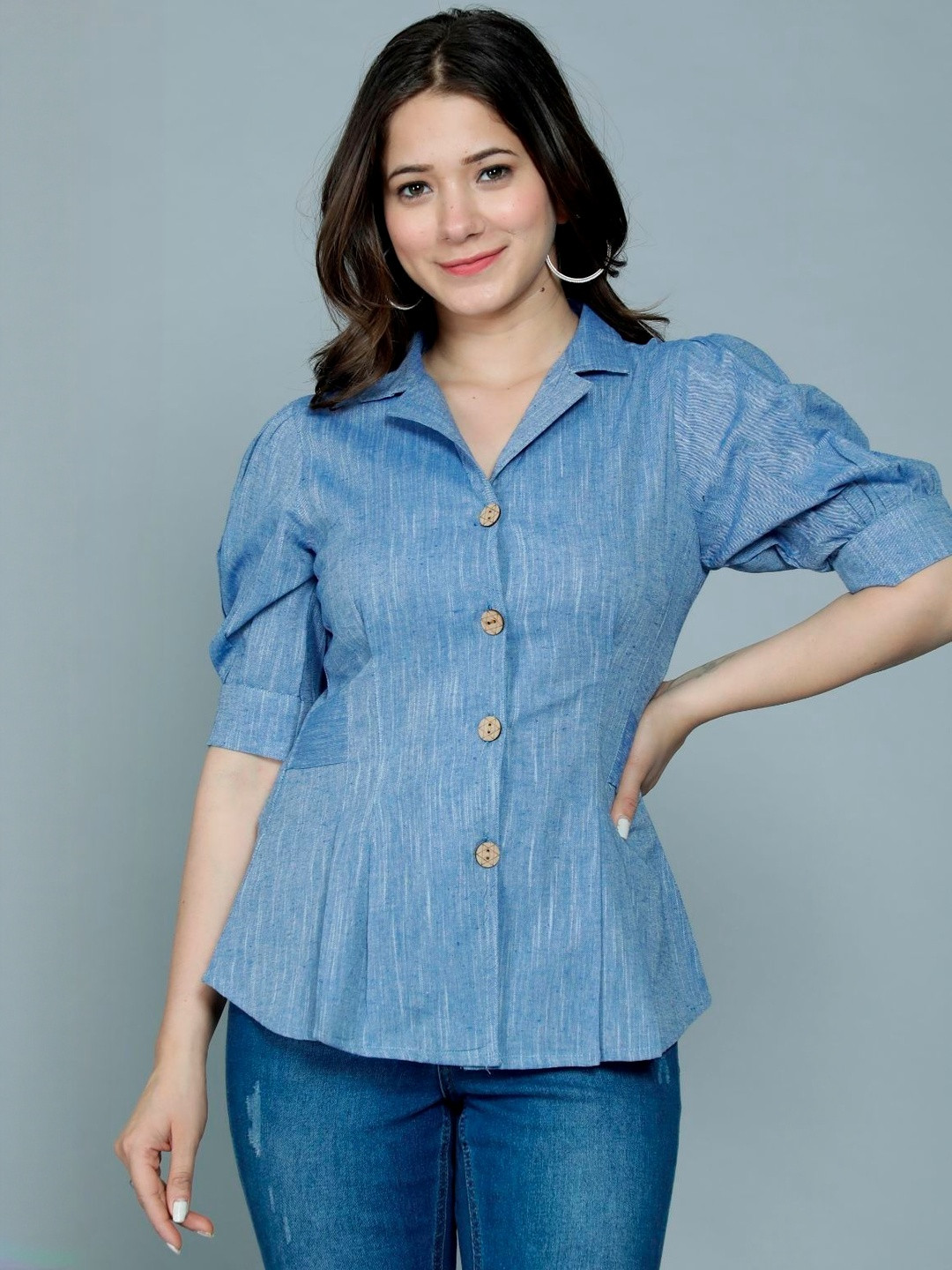 Gunatva Traders Women Self Design Puff Sleeve Shirt Style Top