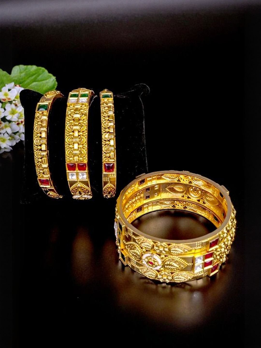 Richlook Set Of 6 Gold Plated Artificial Stones Studded Antique Bangles