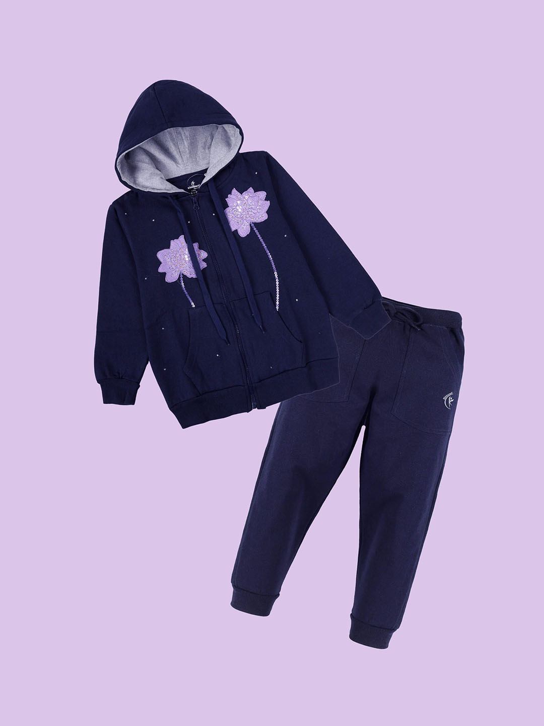 KiddoPanti Girls Embroidered Hooded Zip-Up Sweatshirt With Track Pant Tracksuit