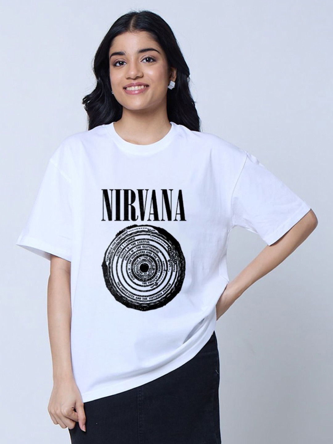LoveDky Women Nirvana Typography Printed Round Neck Cotton Oversized T-shirt