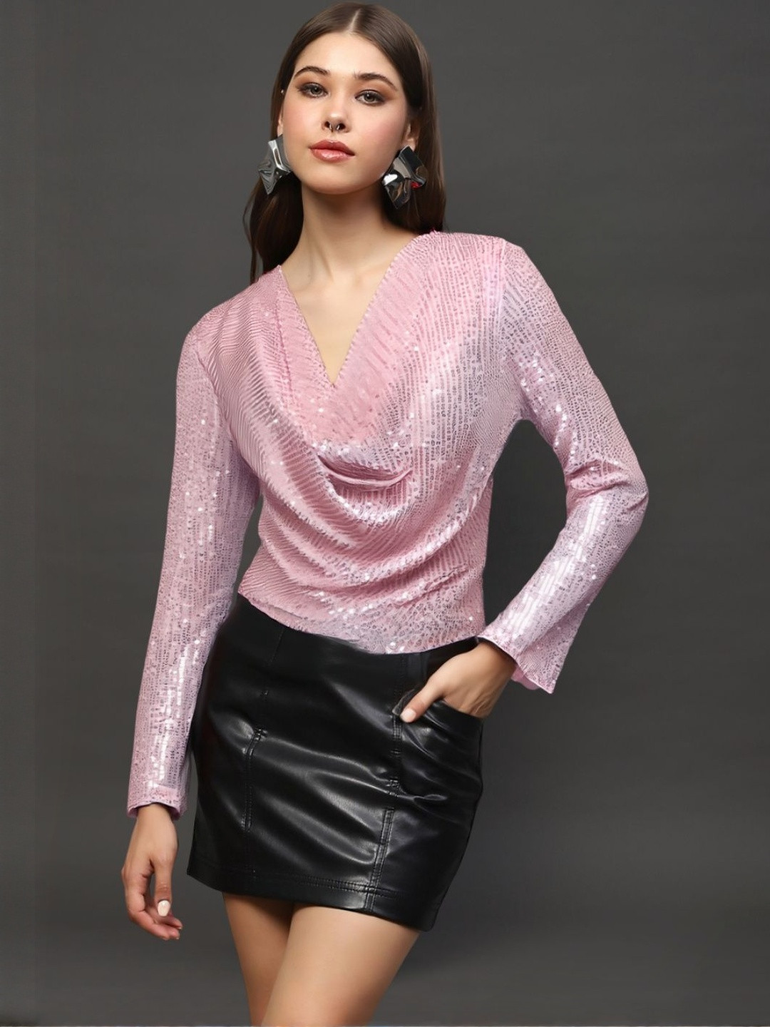 Sera Embellished Sequined Bling & Sparkly Cowl Neck Top