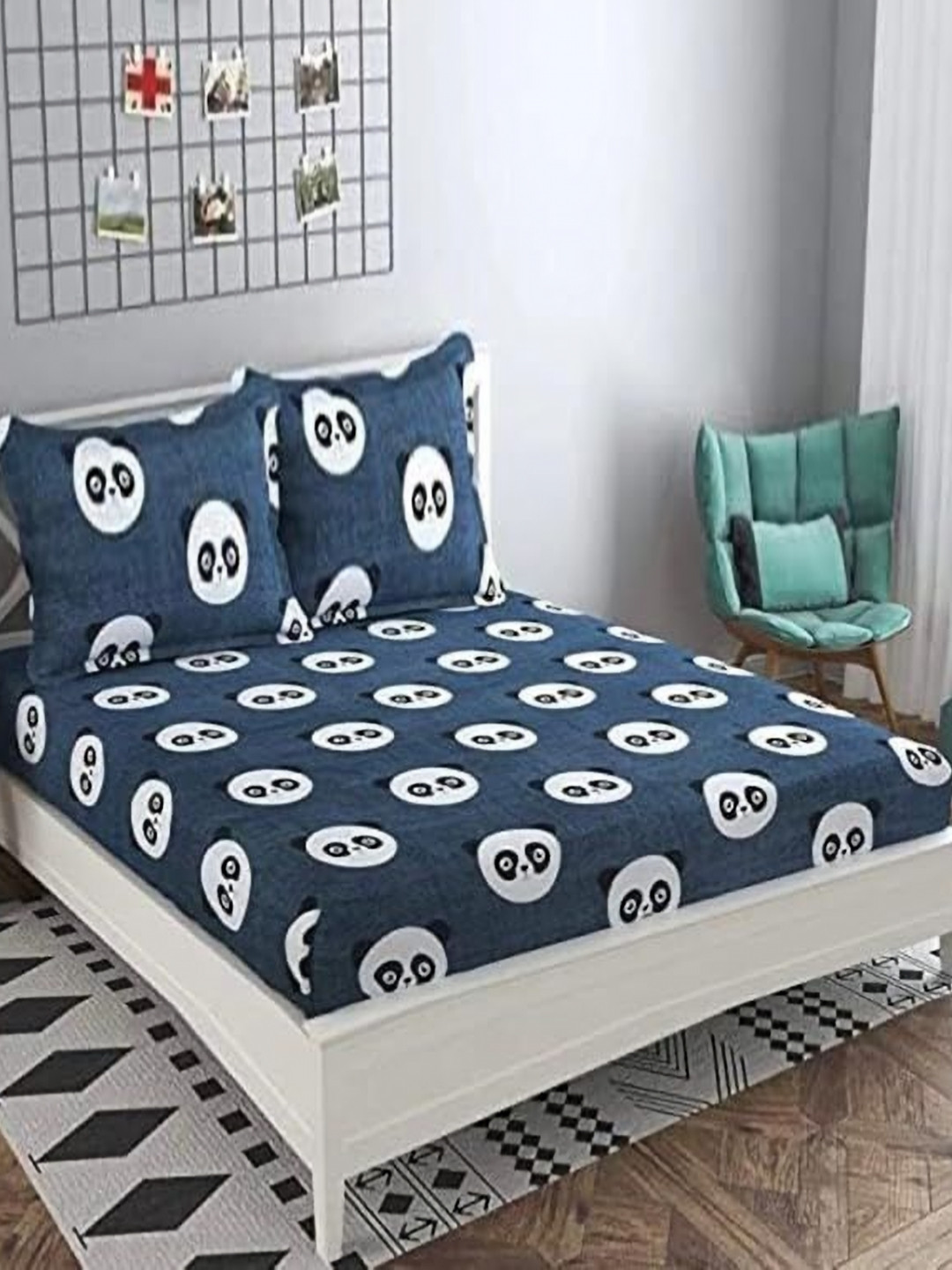 LUZDECOR White Black Panda Cartoon Character Microfiber Queen Bedsheet Set 2.29 m x 2.54 m
