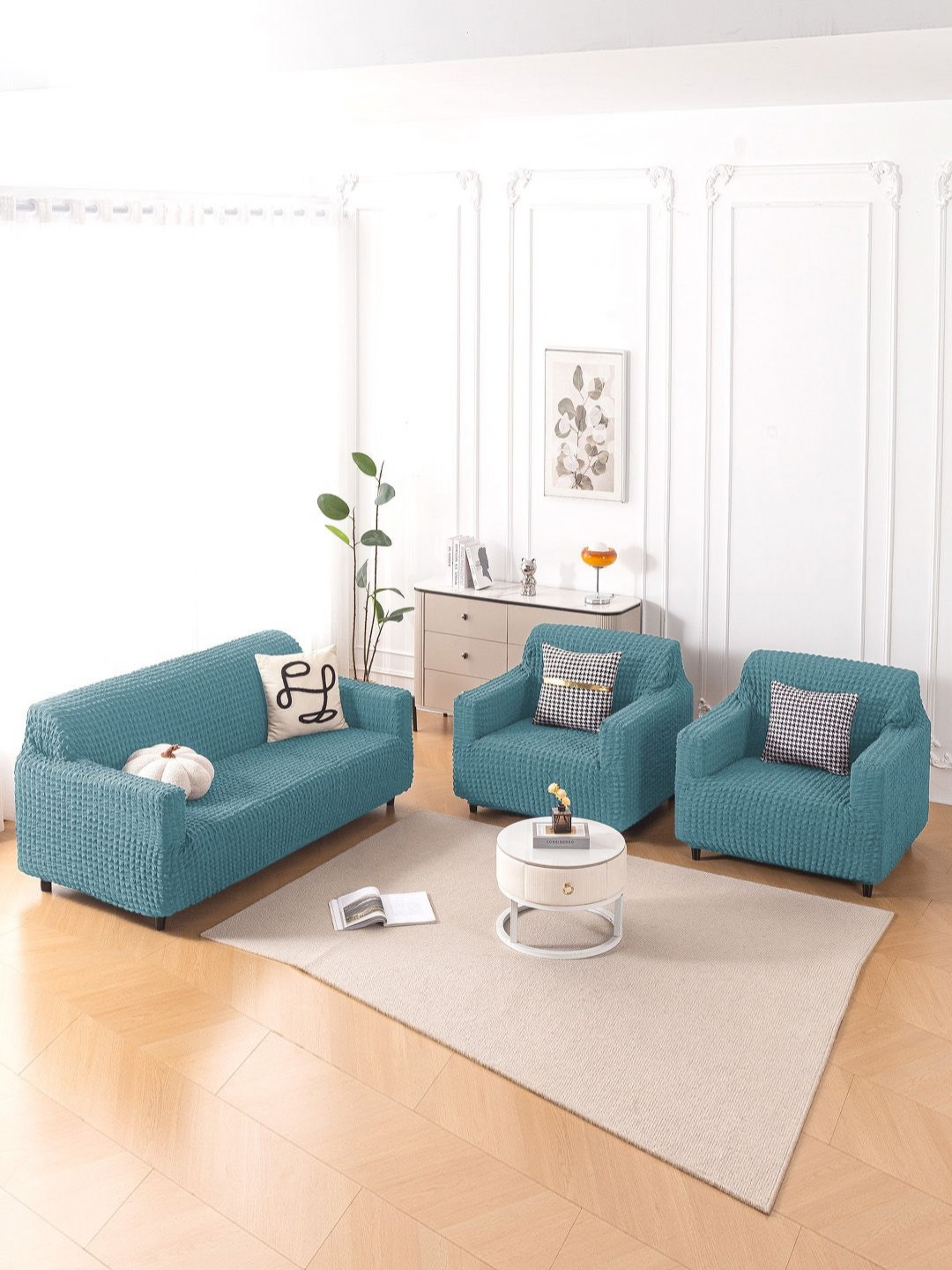HOKIPO Aria Nova Tropical Teal 3 Pieces 280 GSM 5 Seater Fully Covered Bubble Sofa Covers