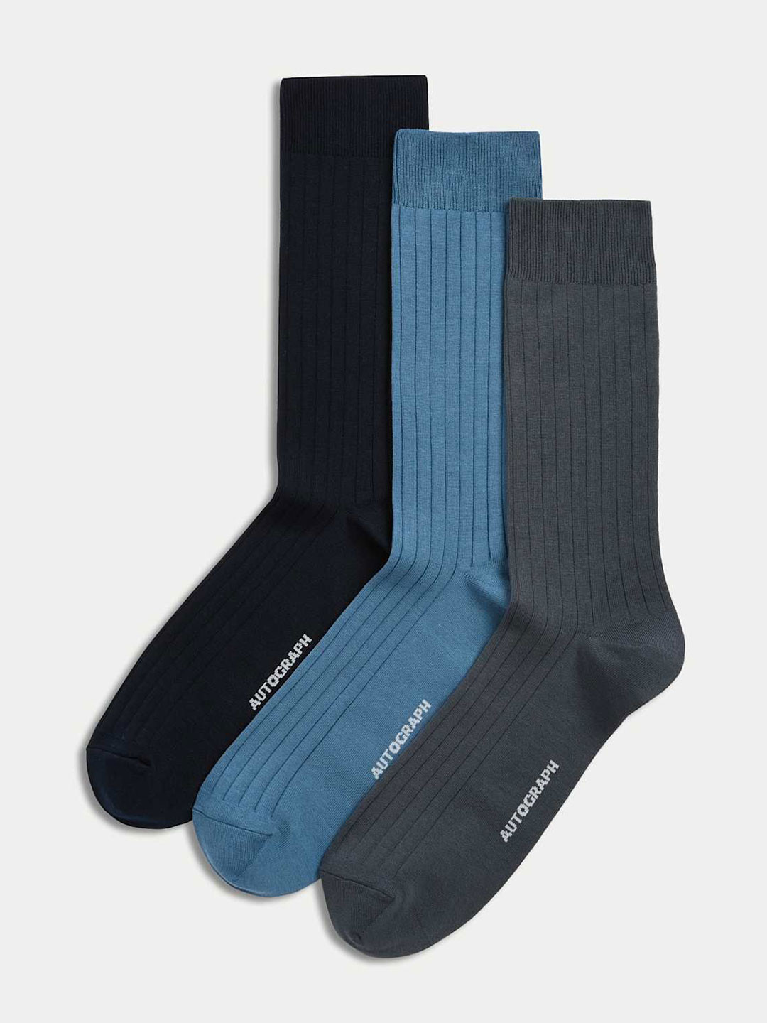 Marks & Spencer Men Pack Of 3 Ribbed Egyptian Cotton Stretchable Calf-Length Socks