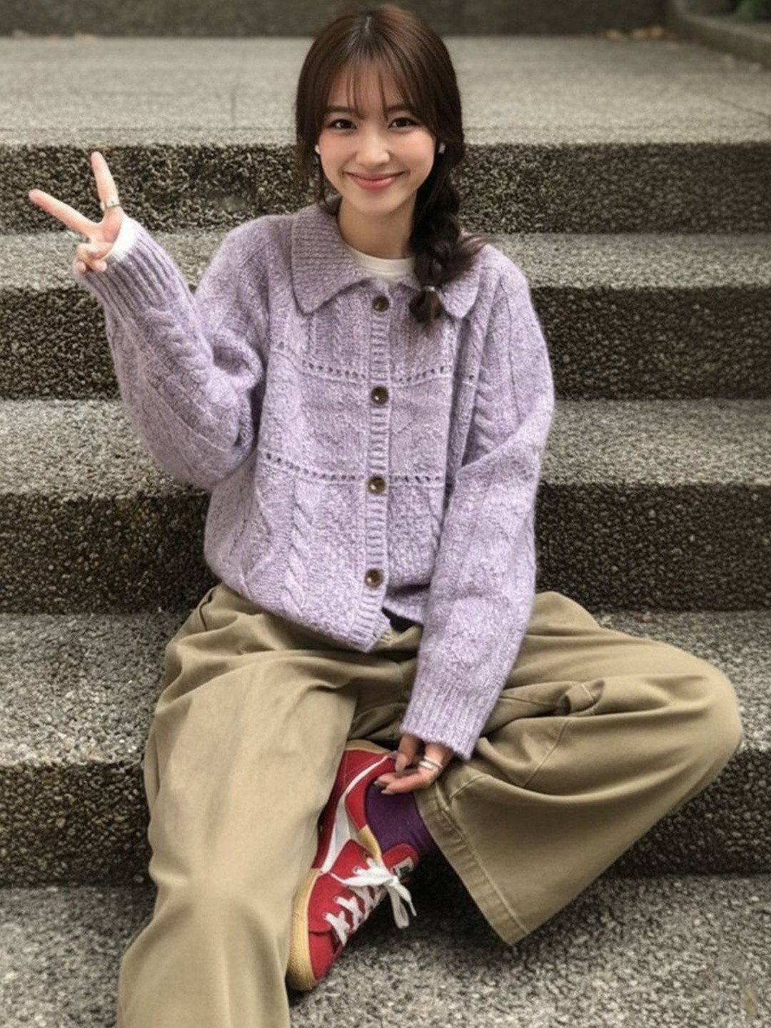 HERE&NOW Women Purple Solid Shirt Collar Polyester Sweaters