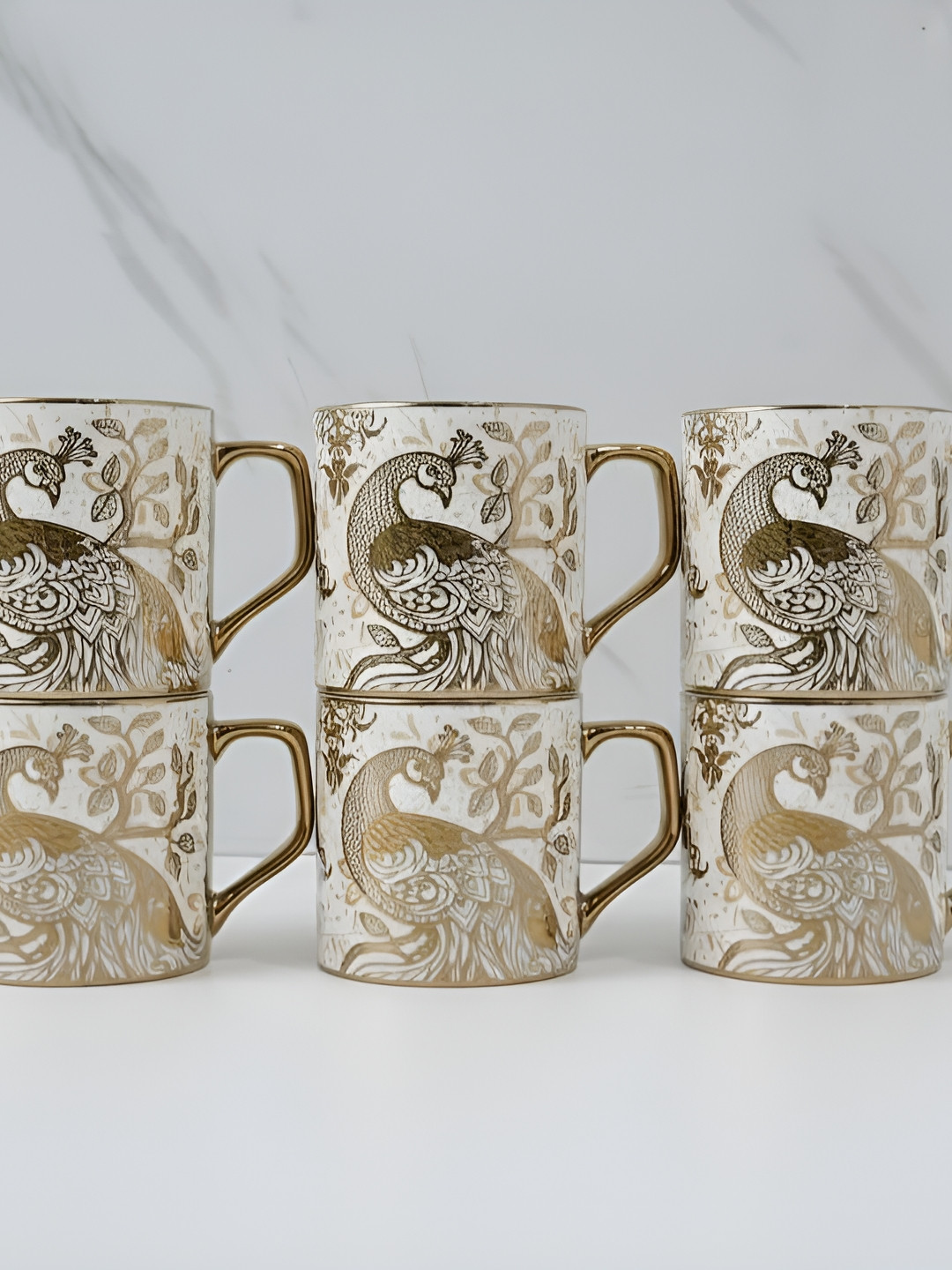 Femora White & Brown 6 Pieces Light Up Printed Ceramic Glossy Cups 180 ml