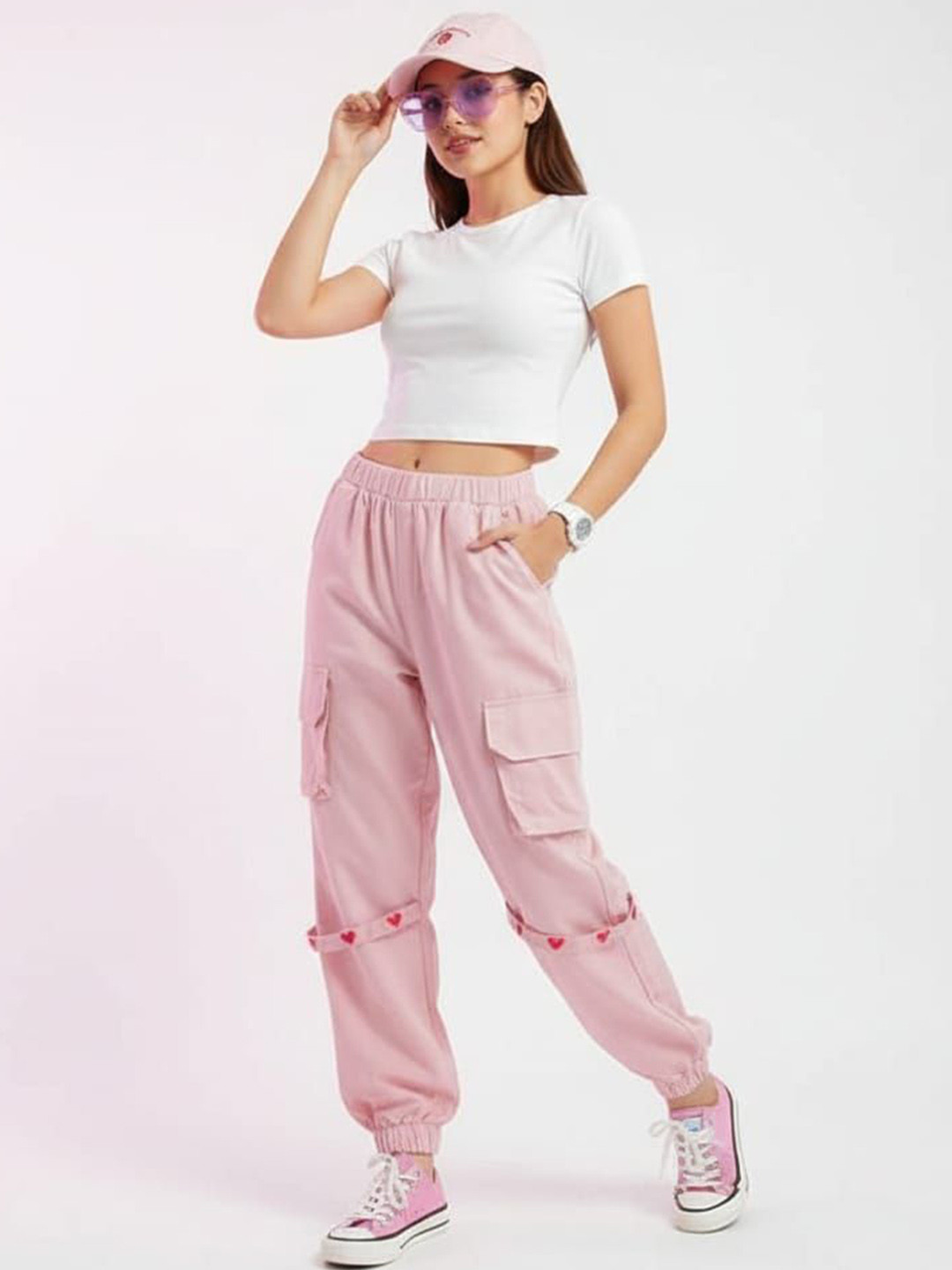 HIGH BUY Women Solid Smart High-Rise Pleated Heart Print Jogger Cargos Trousers