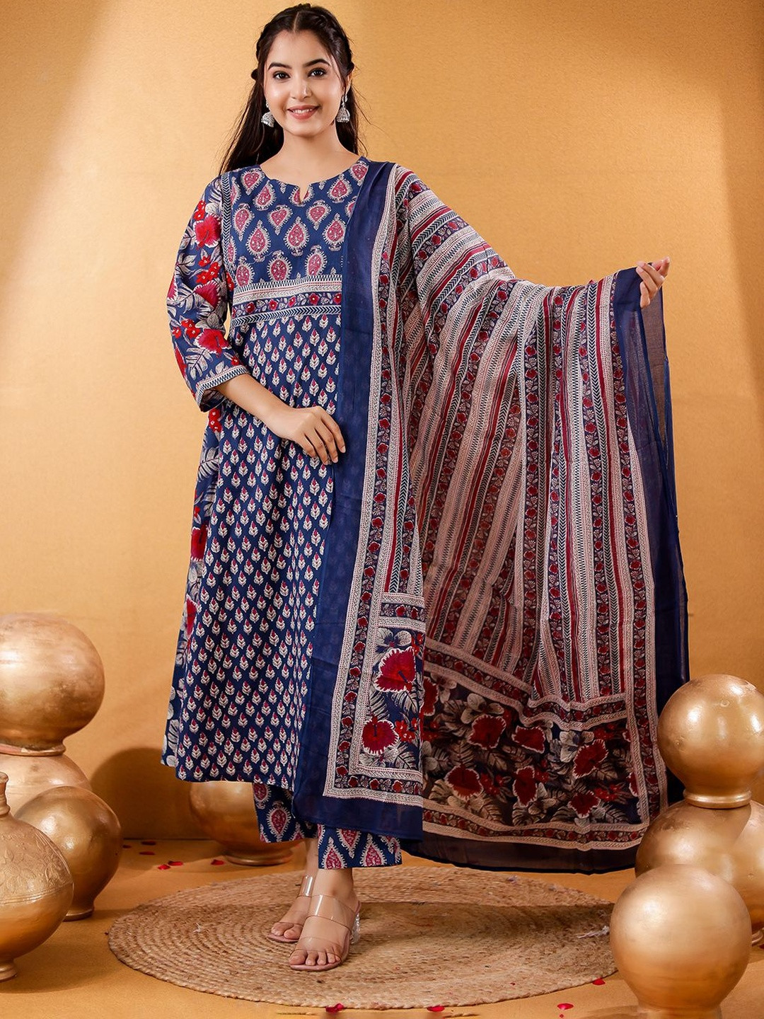 Chandbaali Women Printed Panelled Pure Cotton Handwork Kurta with Trousers & Dupatta