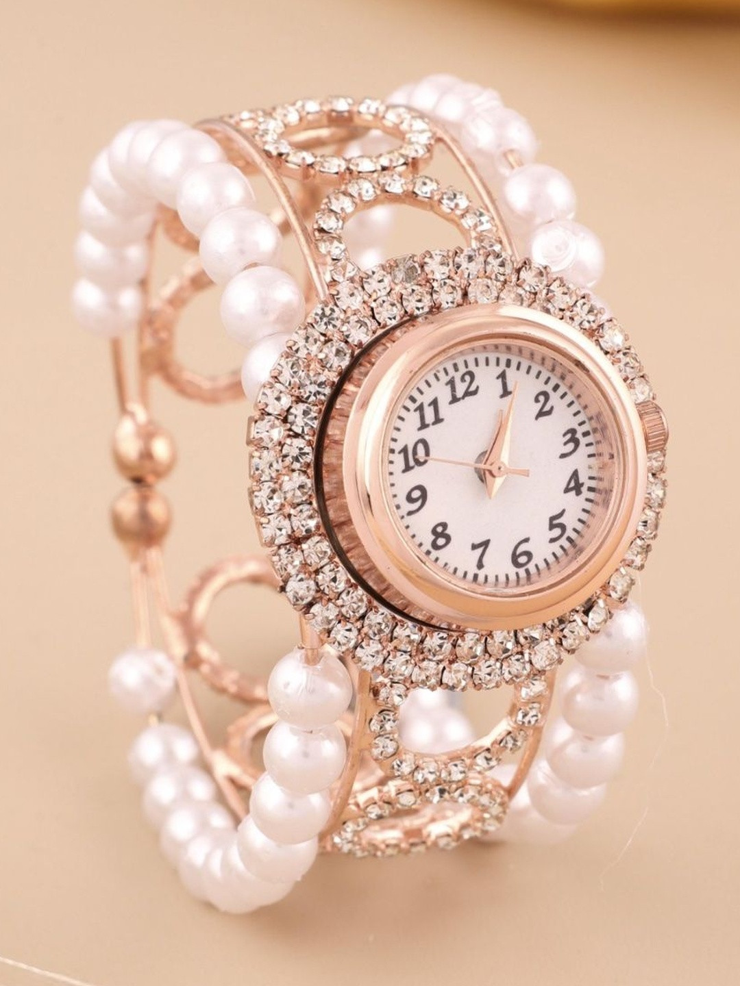 GC PREMIUM JEWELLERY Women Pearl & Crystal Stone Studded Round Dial Analogue Watch
