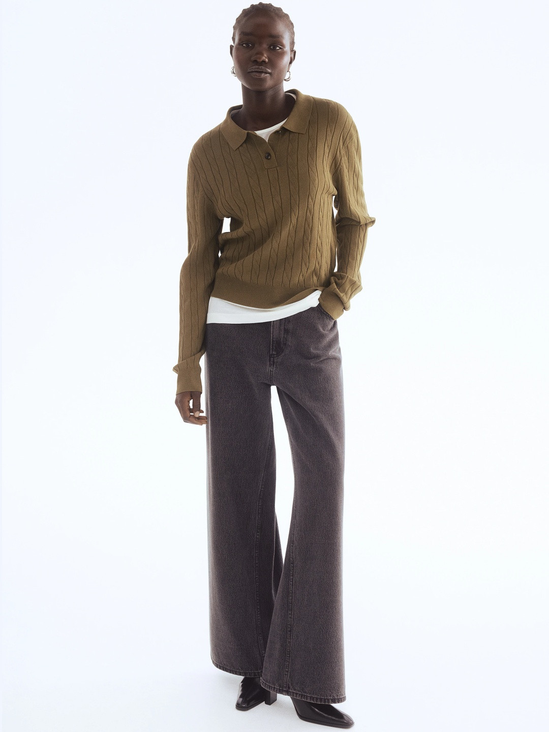 H&M Women Cable-Knit Polo Shirt Shirt Collar Long Sleeves Pullover Sweaters