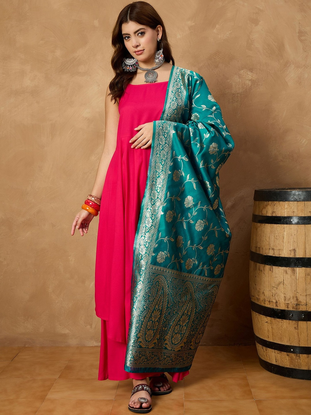 InWeave Women Sleeveless A-Line Kurta with Palazzos & Dupatta