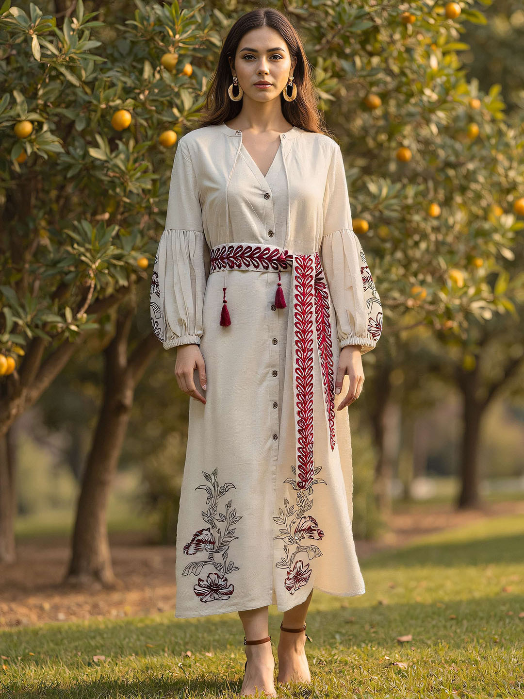 Naava Women Floral Embroidered Cotton Puff Sleeve A-Line Midi Dress