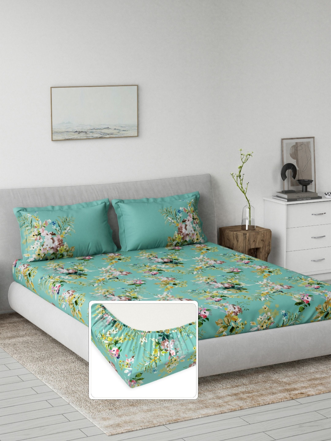 DDecor Primary Green & White Floral 144 TC Pure Cotton King Bedsheet Set 1.82 m x 1.98m