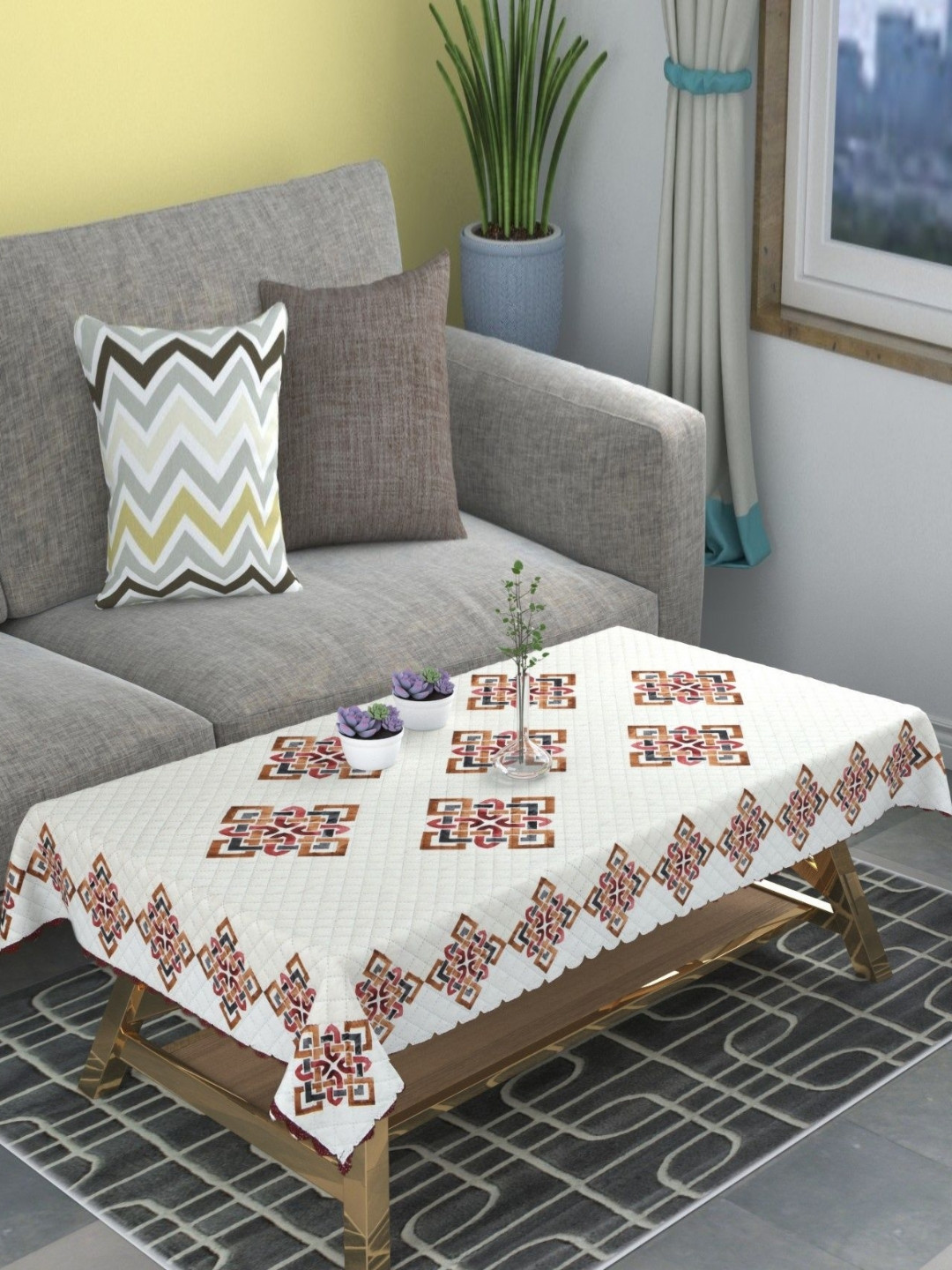 G TRADING HUB Cream-Coloured Geometric Printed 4-Seater Table Cover with Textured details