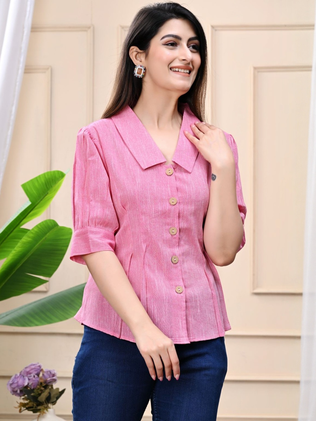Gunatva Traders Solid Shirt Collar Cuffed Sleeves Shirt Style Top
