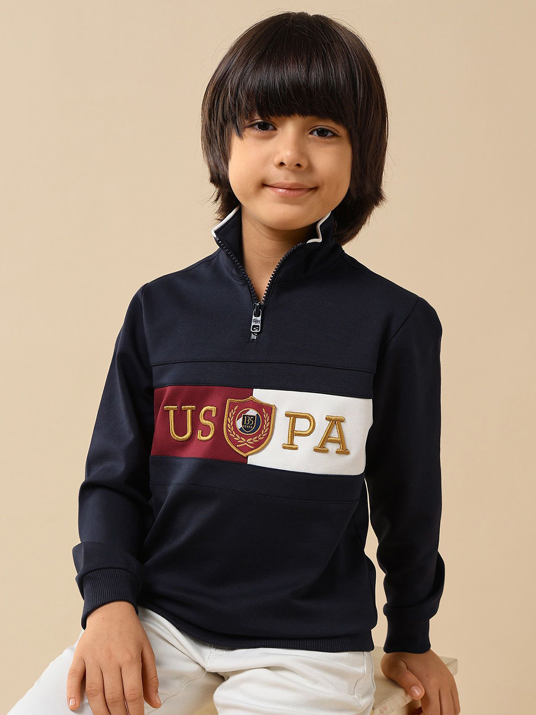 U.S. Polo Assn. Kids Boys Brand Logo Embroidered Mock Neck Full Sleeve Sweatshirt