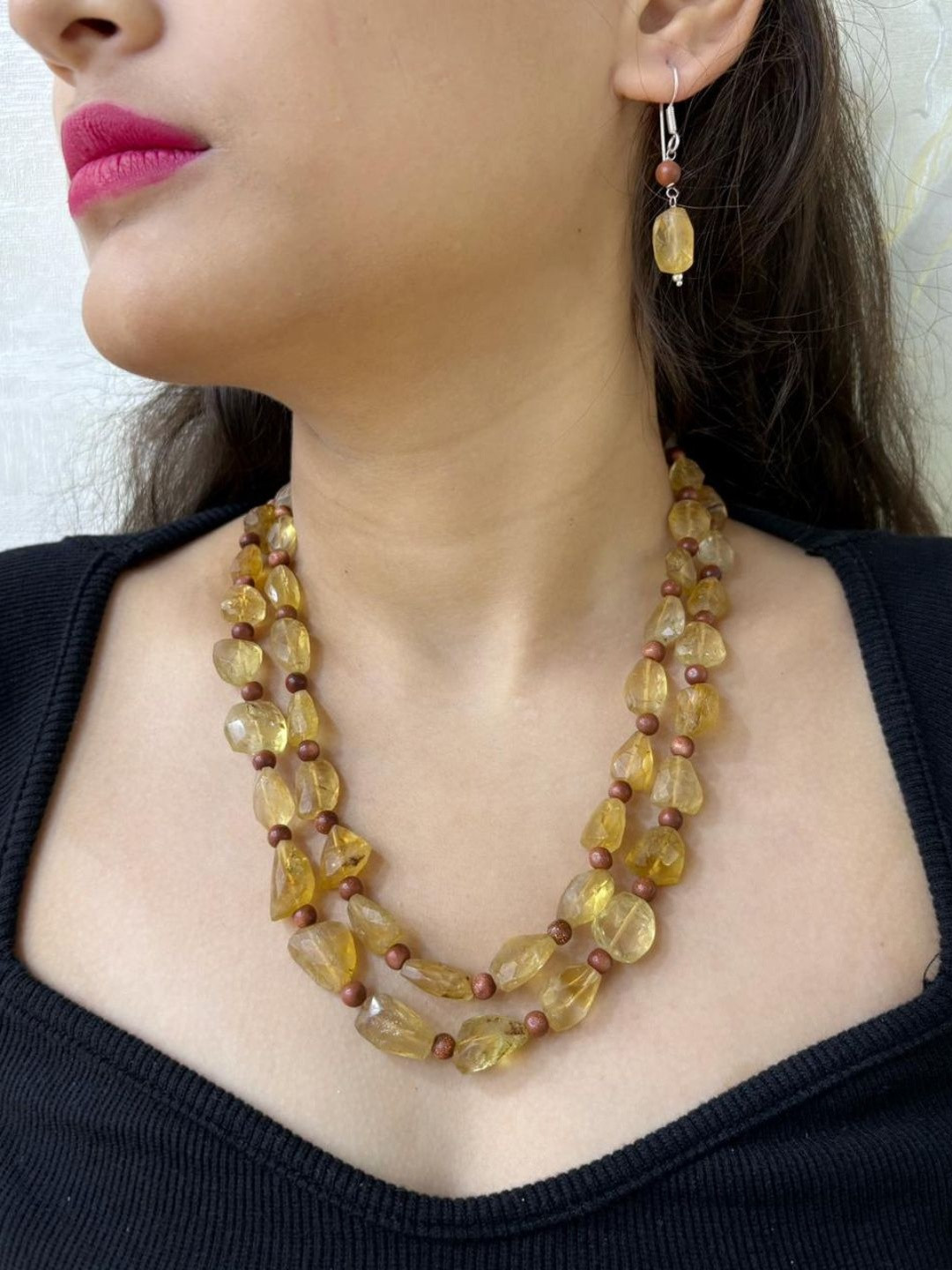 Gehna By Beadazzled Silver-Plated Real Stone Beaded Layered Necklace And Earrings