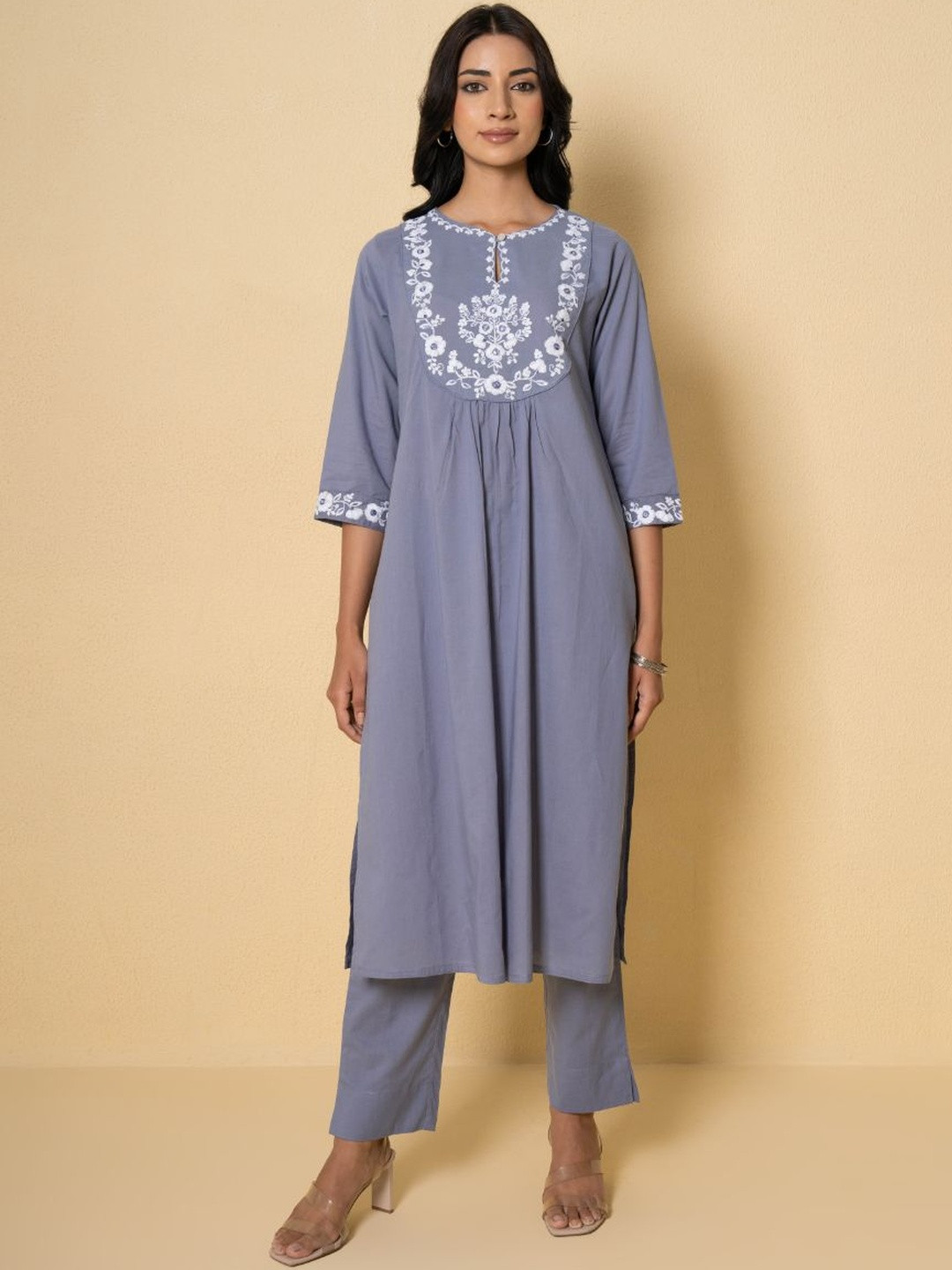 Pink Earth Women Floral Embroidered Regular Thread Work Pure Cotton Kurta with Trousers