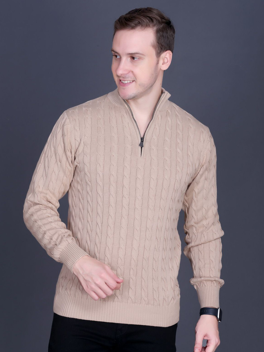 Dzant Men Solid Ribbed Half Zipper Long Sleeves Sweater Vest