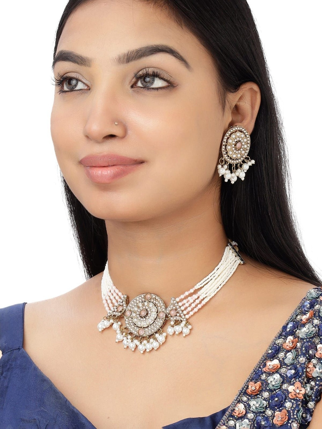 VELVET IMPERIAL Silver Gold-Plated Artificial Stones Studded & Beaded Necklace & Earrings