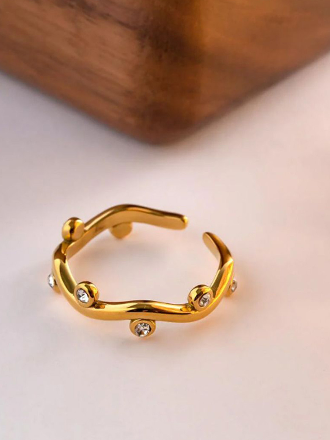 DIMPLERY 18K Gold Plated Stainless Steel Artificial Stones Studded Resizable Finger Ring