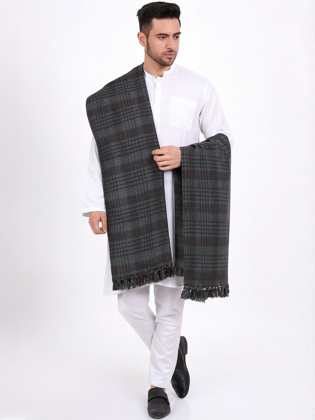 Vrinde Men Grey Checkered Pure Woolen Shawl