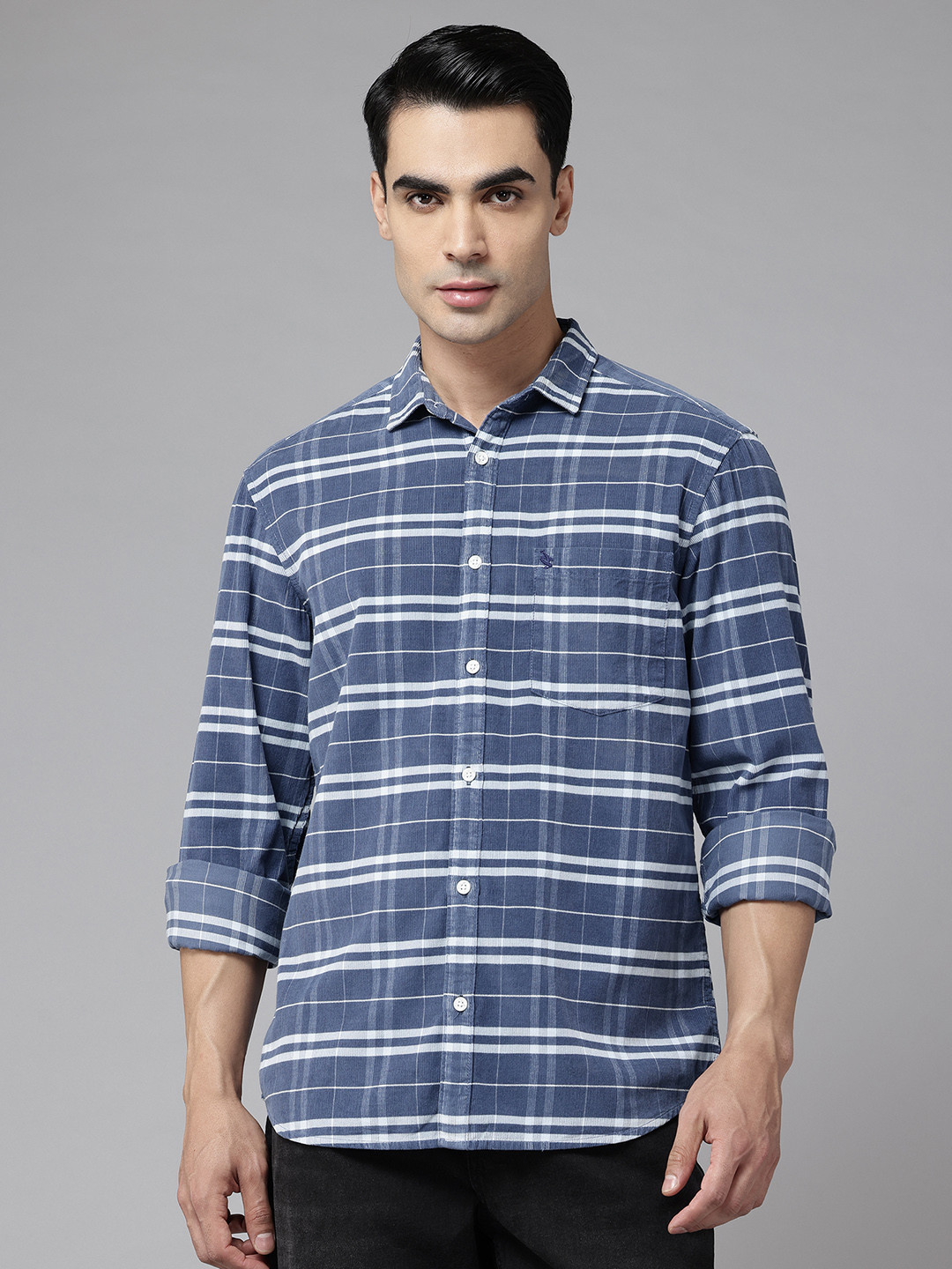 Sand Dunes Grid Tattersall Checks Cutaway Collar Regular Fit Corduroy Shirt