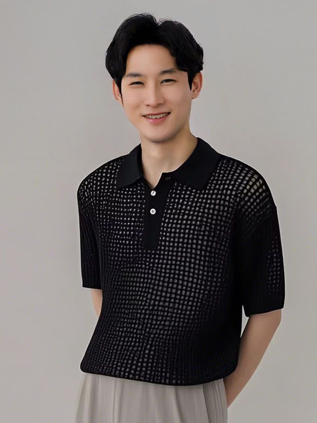 StyleCast Men Slim Fit Polo Collar Crochet T-shirt