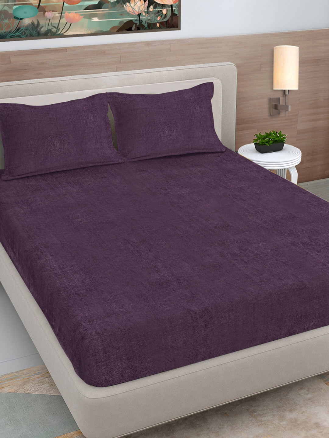 FABINALIV Purple Wool Skin-Friendly 300 TC Fitted King Fine Bedsheet with 2 Pillow Covers-98 x 89 inches