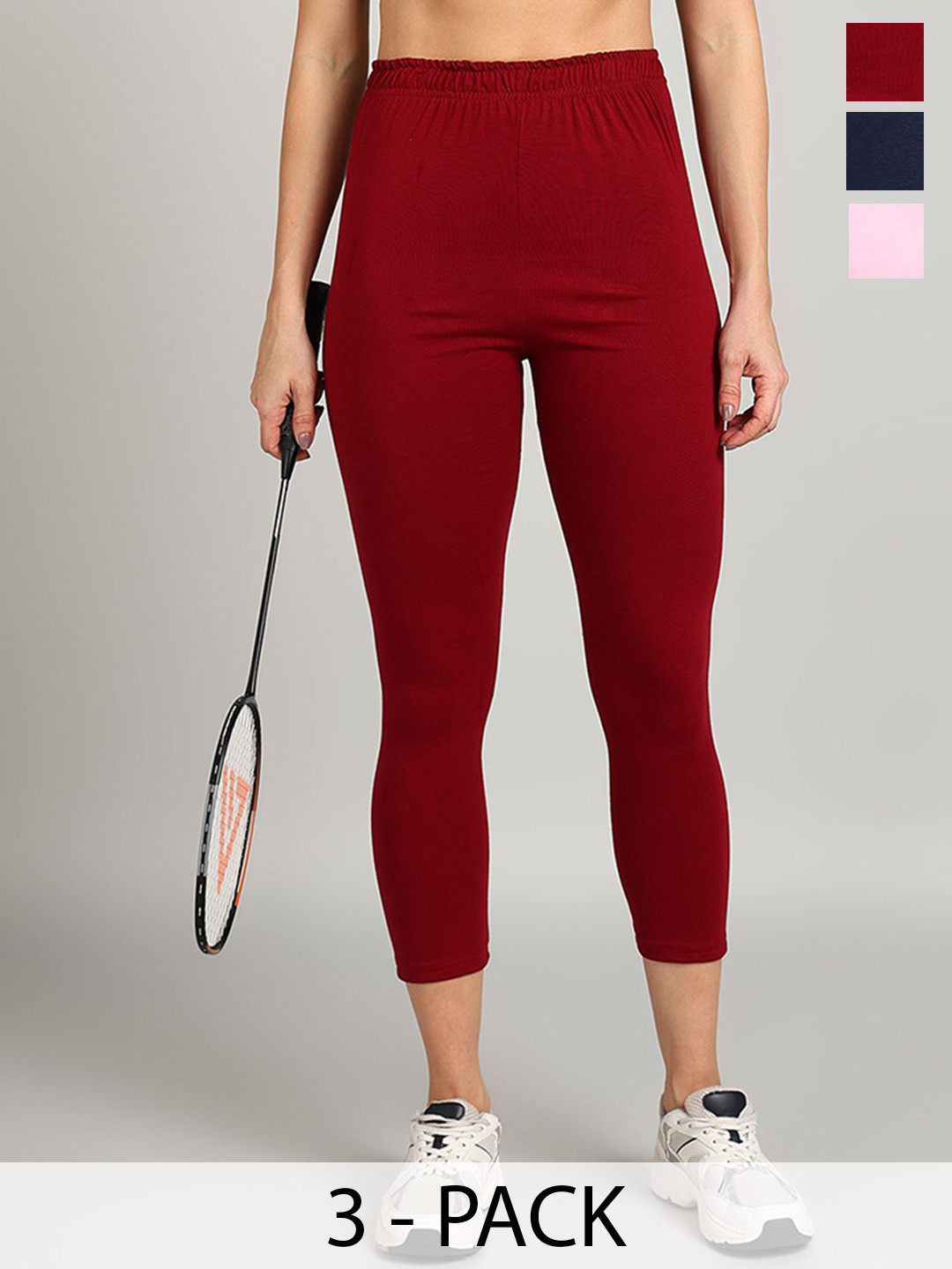 PAAVKI Women Pack Of 3 Slim Fit 2 Way Stretchable Pure Cotton Mid Rise Leggings