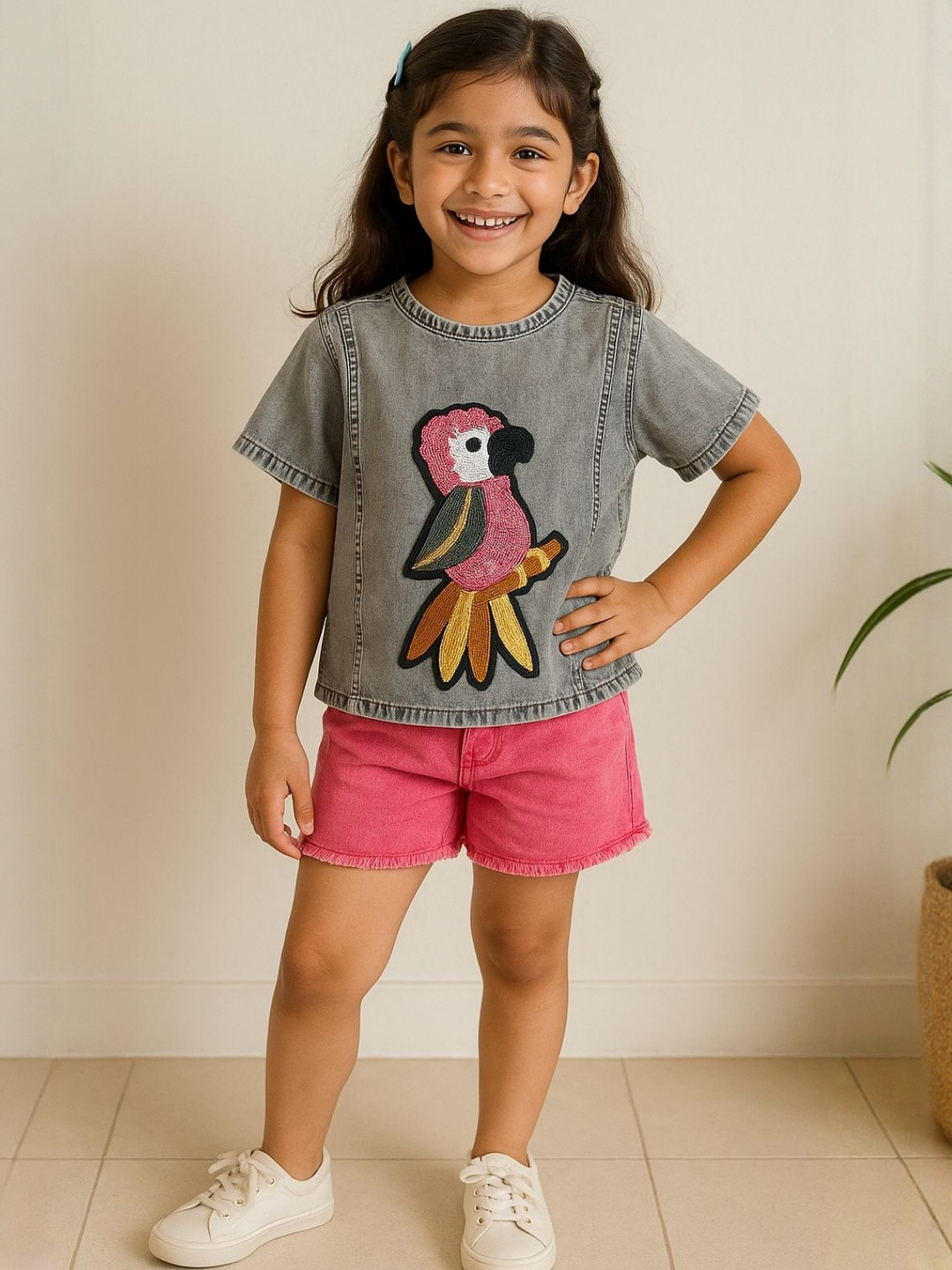 TALES & STORIES Girls Grey Embroidered Round Neck Short Sleeves Cotton Denim Top