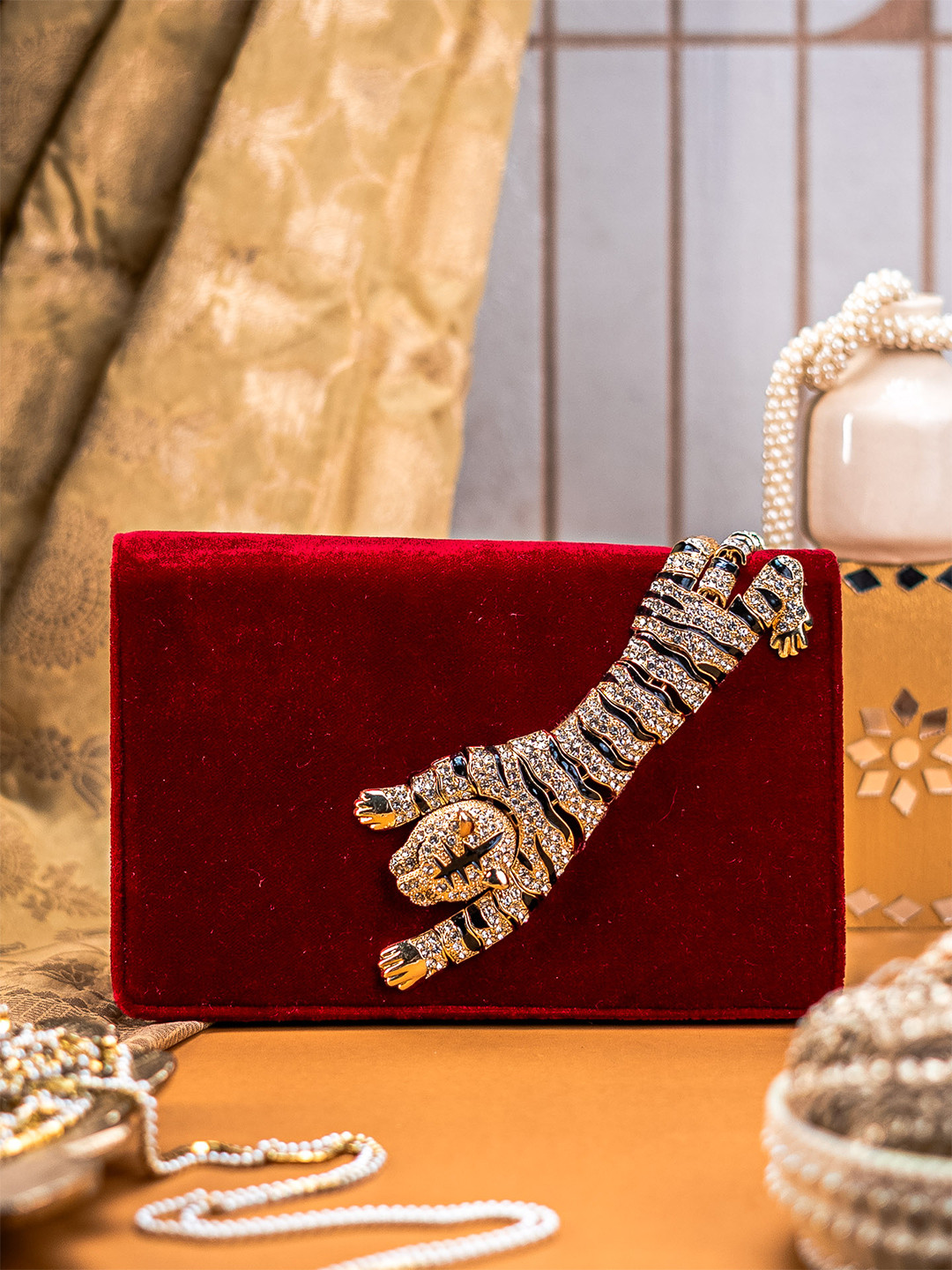 NR By Nidhi Rathi Embellished Box Velvet Clutch with Tiger Motif AD Brooch