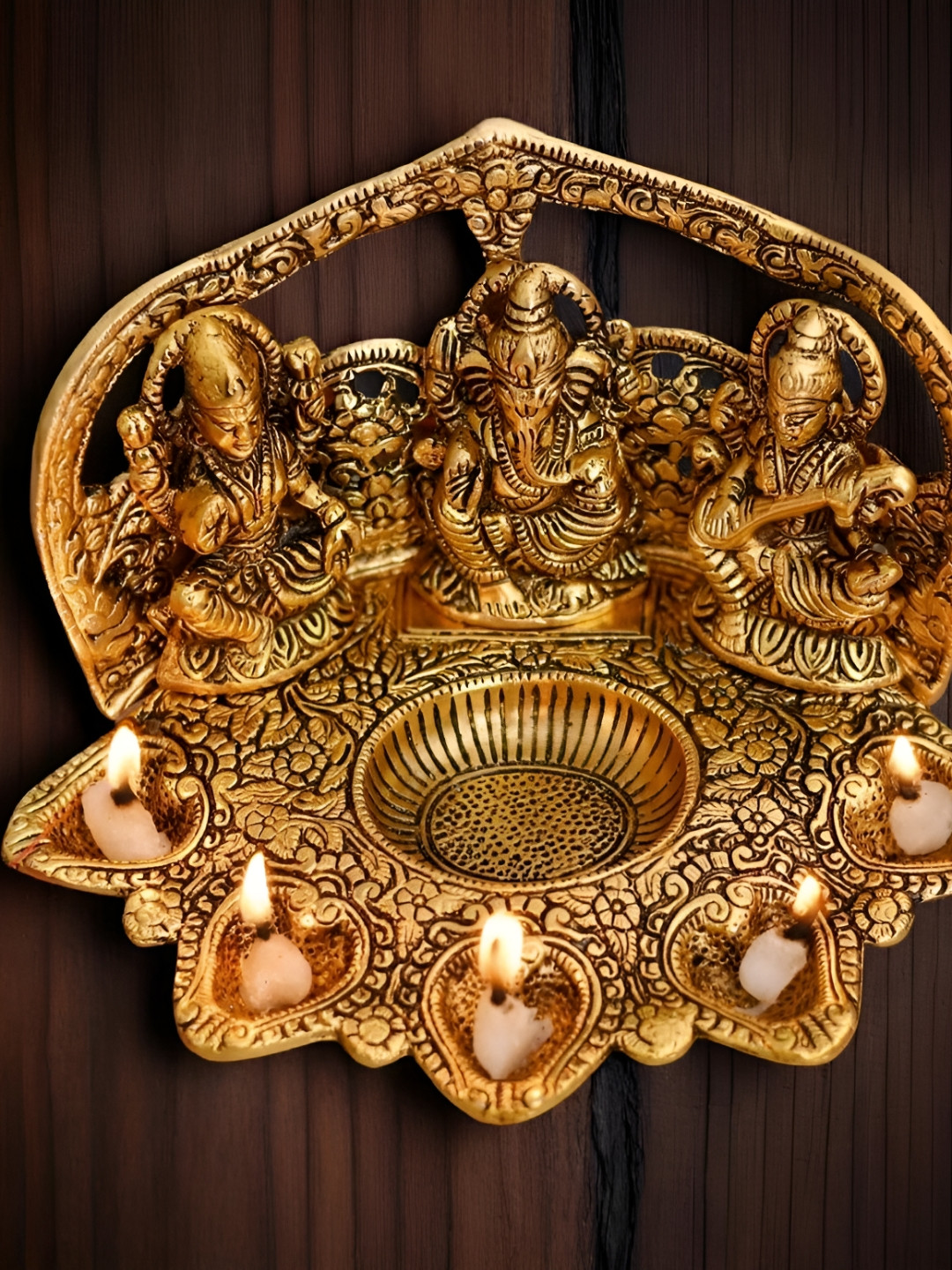 Heaven Decor Yellow And Black 3 Pieces Textured Laxmi Ganesh Saraswati Diyas